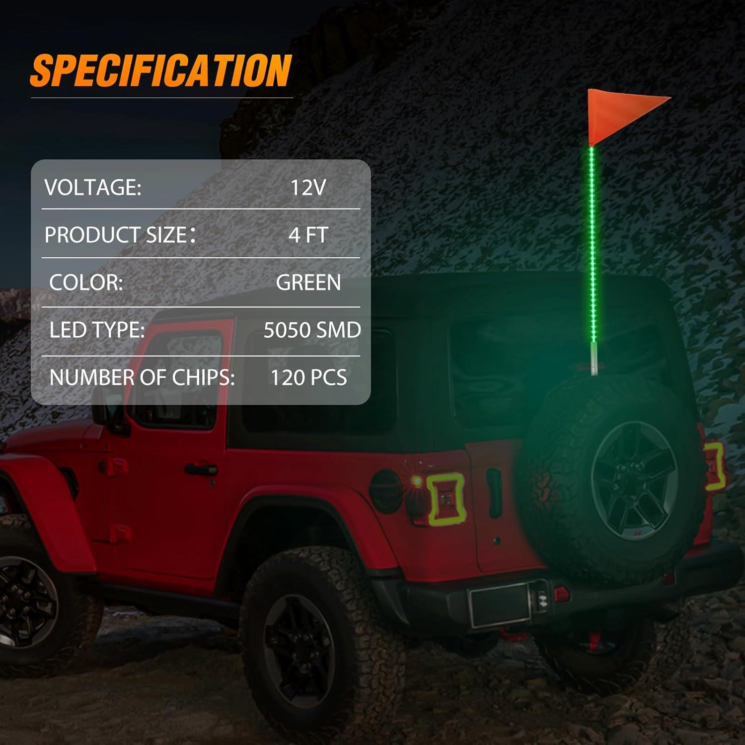 imageNilight 1PCS 4FT LED Whip Light with Aluminum Base Red Color Safety Warning Pole Lighted Antenna Whips for RZR Polaris Dune Buggy OffRoad Truck UTV ATV1PC Green