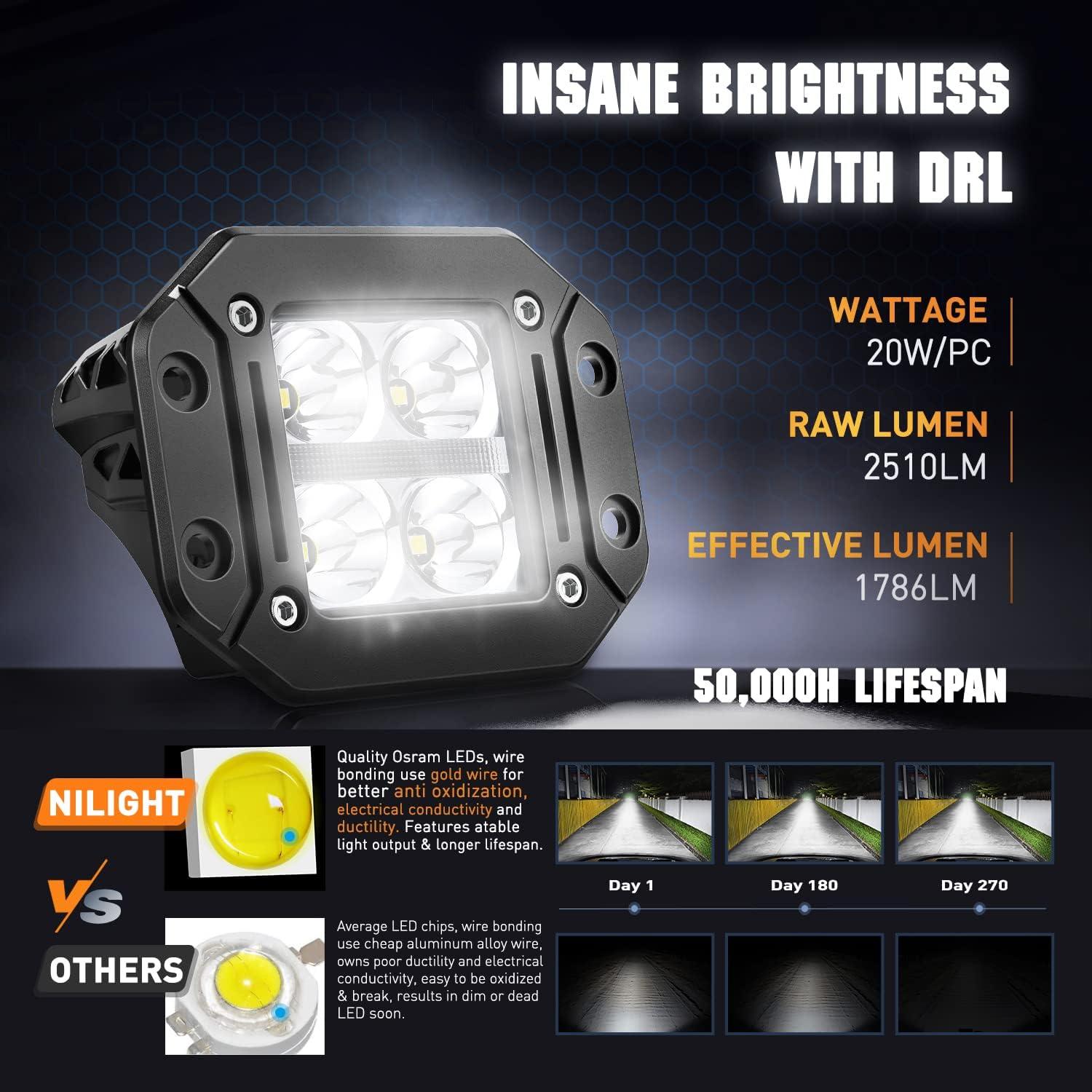 imageNilight 2 PCS Flush Mount LED Pod Lights with DRL 48 Inch Spot Beam 20 W 2510LM Backup Reverse Offroad Driving Fog Light w 16AWG Wiring kit for 4x4 Truck SUV JeepFlush Mount LED with White DRL