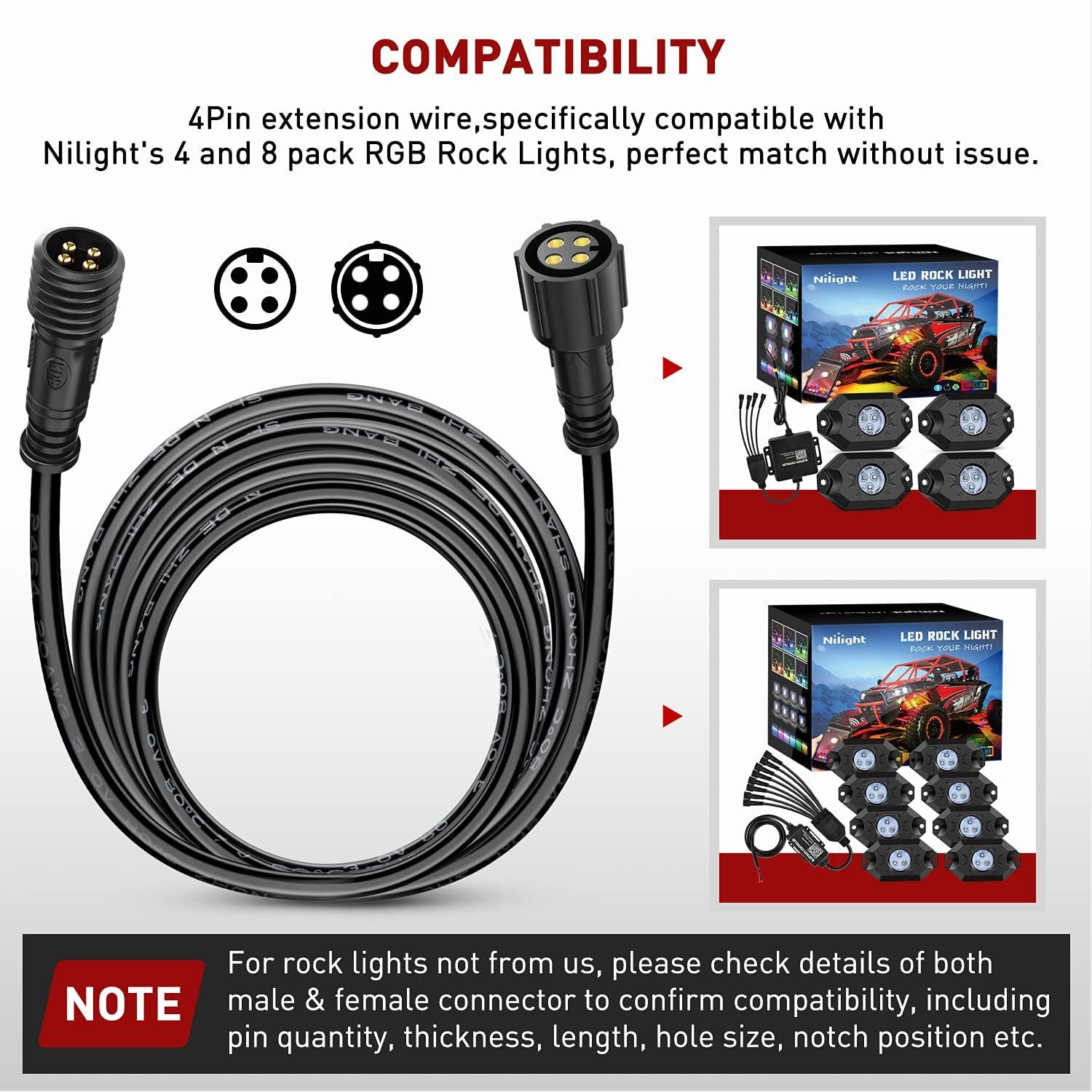imageNilight 2 Pack 10FT 4 Pin RGB Cable Cord for 4 and 8 Pods Multi Color Underglow Rock Light Kits Wheel Well Lights Extension Wire2 Years Warranty