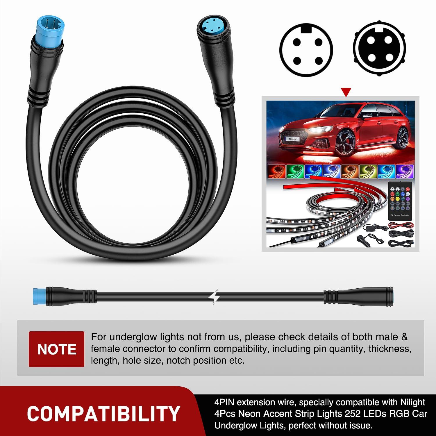 imageNilight 2 Pack 5FT 4 Pin Extension Cable Cord for 4PCS Car Underglow Neon Accent Strip Lights 252 LEDs RGB 8 Color Wire Harness 5 Feet Underglow Lights Extension Wire Plug and Play 2 Years Warranty