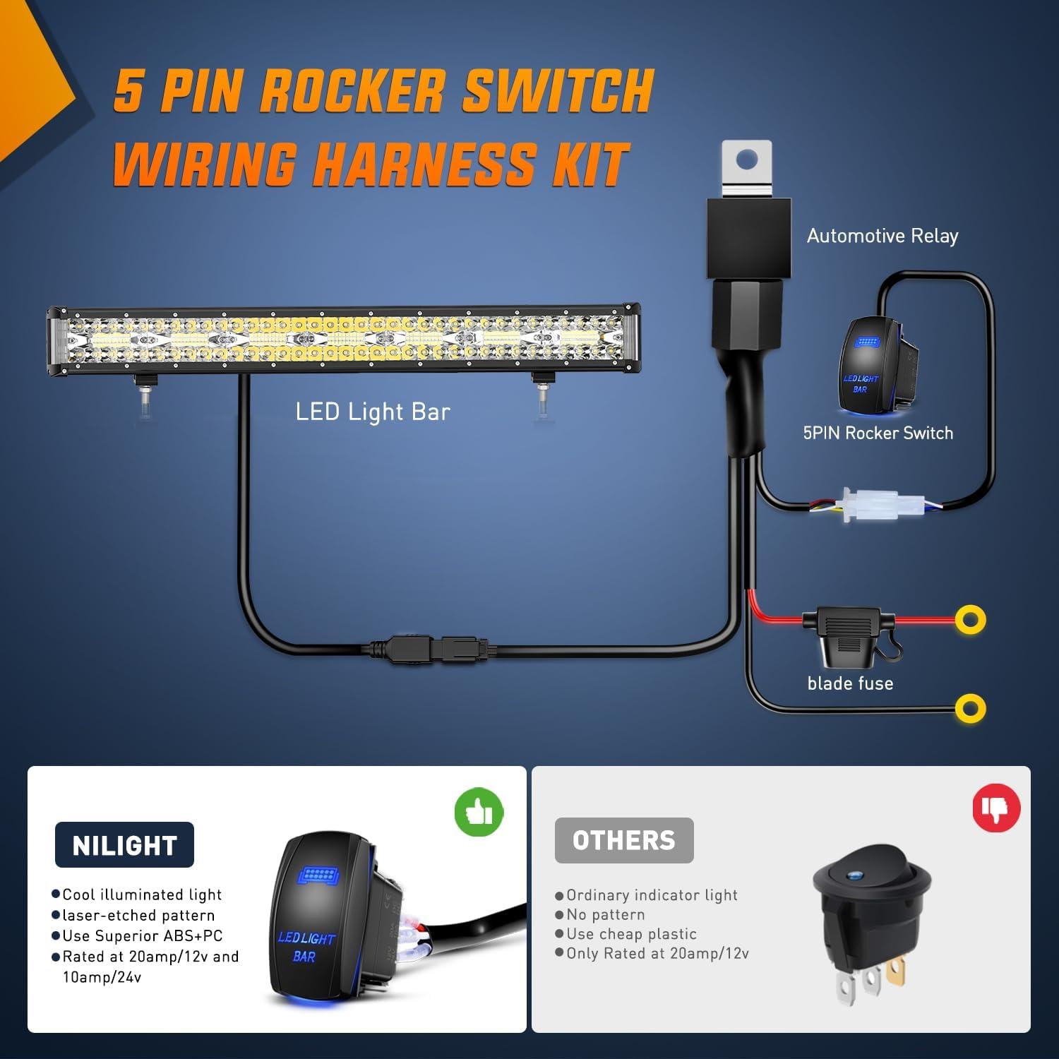 imageNilight 20 Inch 420W Triple Row Flood Spot Combo 42000LM Light Bar Driving Boat Led Off Road Lights with Front License Plate Frame Bracket and Switch Wiring Harness Kit20Inch Side Shooter Light  Wiring harness