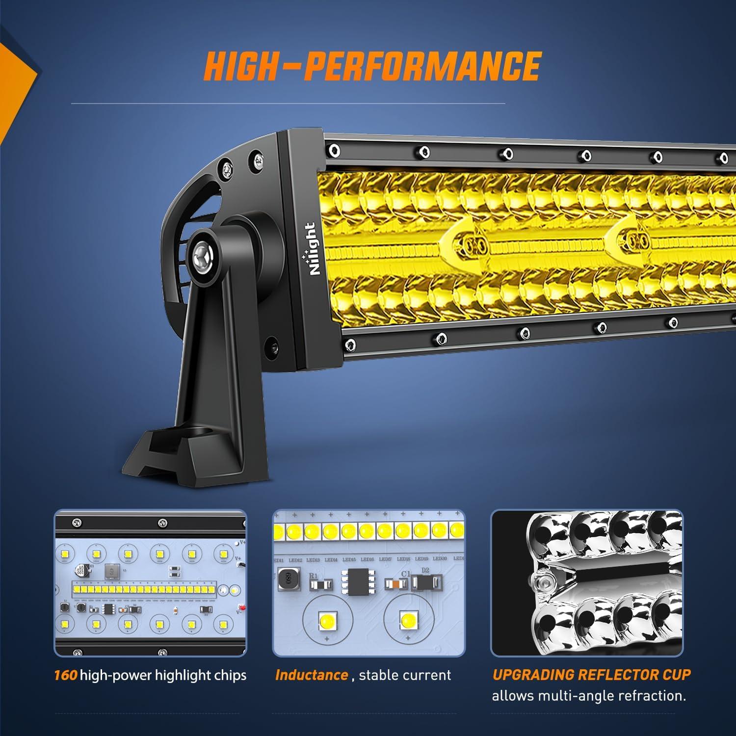 imageNilight 22Inch 480W LED Light Bar Spot Flood Amber White Strobe 6 Modes Memory Function Reset Function OffRoad Truck Car ATV SUV Cabin Boat with 16AWG Wiring Harness Kit1 LeadAmber 480W Light Bar