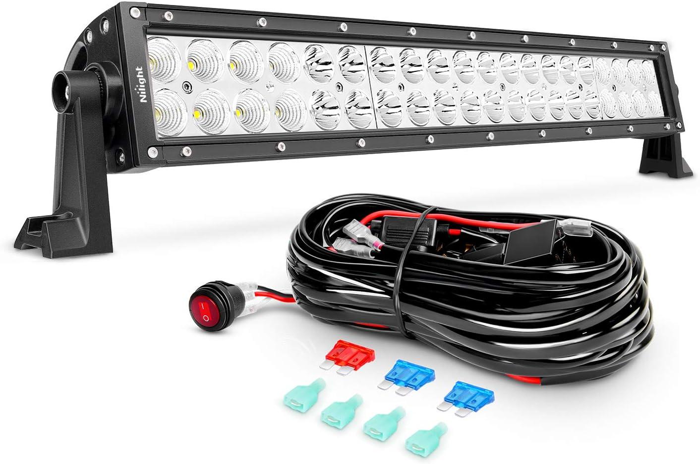 imageNilight 22Inch 480W LED Light Bar Spot Flood Amber White Strobe 6 Modes Memory Function Reset Function OffRoad Truck Car ATV SUV Cabin Boat with 16AWG Wiring Harness Kit1 LeadWhite 120W LightWiring Harness