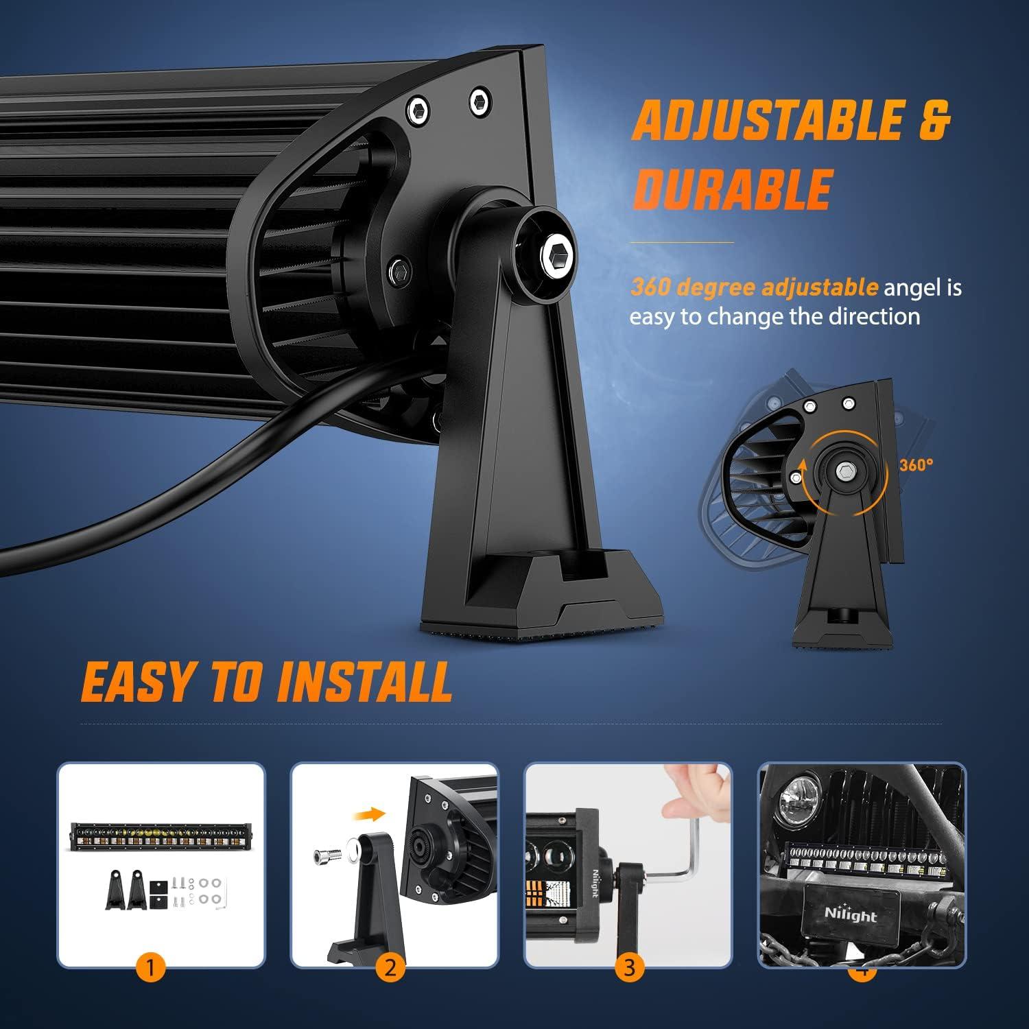 imageNilight 22Inch 480W LED Light Bar Spot Flood Amber White Strobe 6 Modes Memory Function Reset Function OffRoad Truck Car ATV SUV Cabin Boat with 16AWG Wiring Harness Kit1 LeadAmber White3 Modes