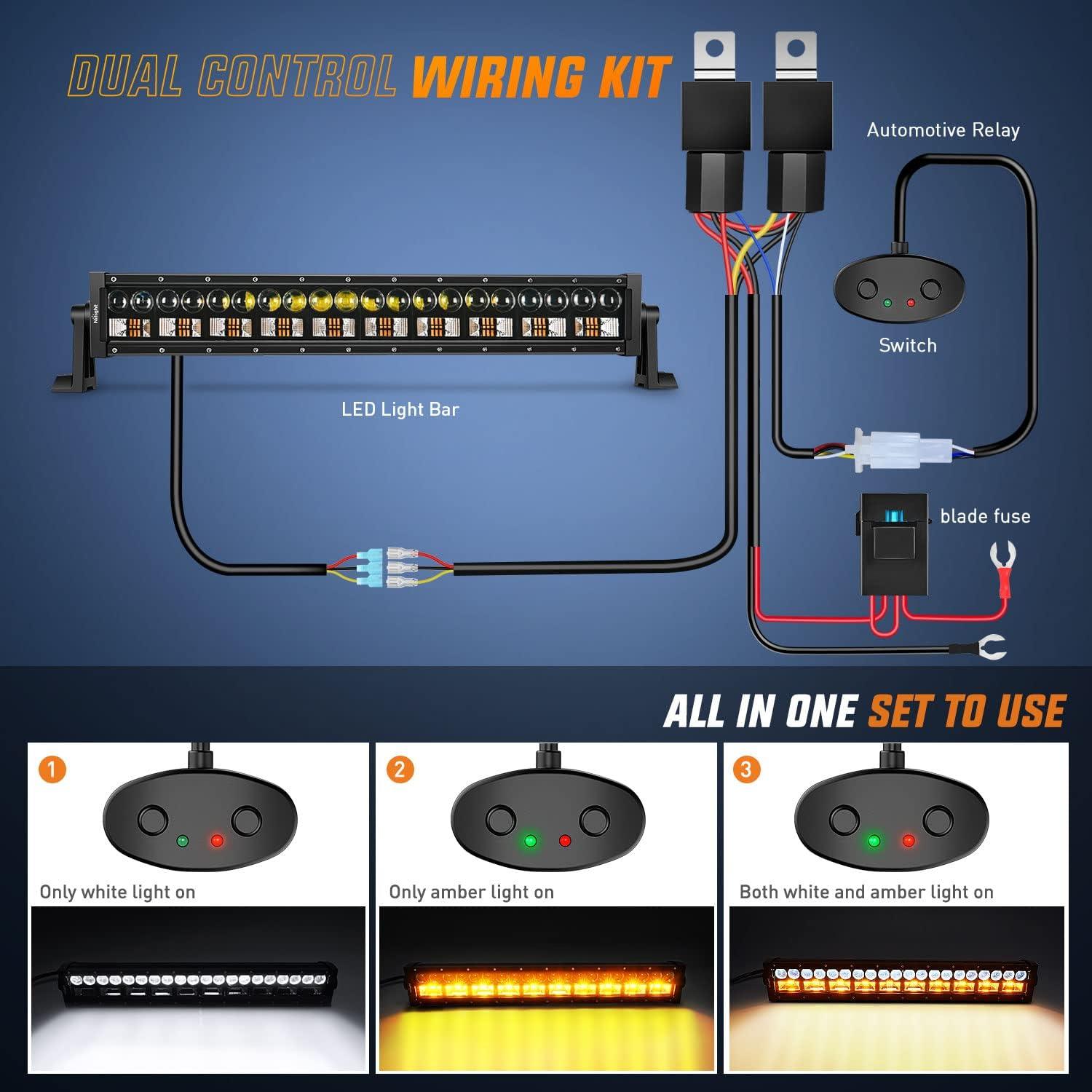 imageNilight 22Inch 480W LED Light Bar Spot Flood Amber White Strobe 6 Modes Memory Function Reset Function OffRoad Truck Car ATV SUV Cabin Boat with 16AWG Wiring Harness Kit1 LeadAmber White3 Modes