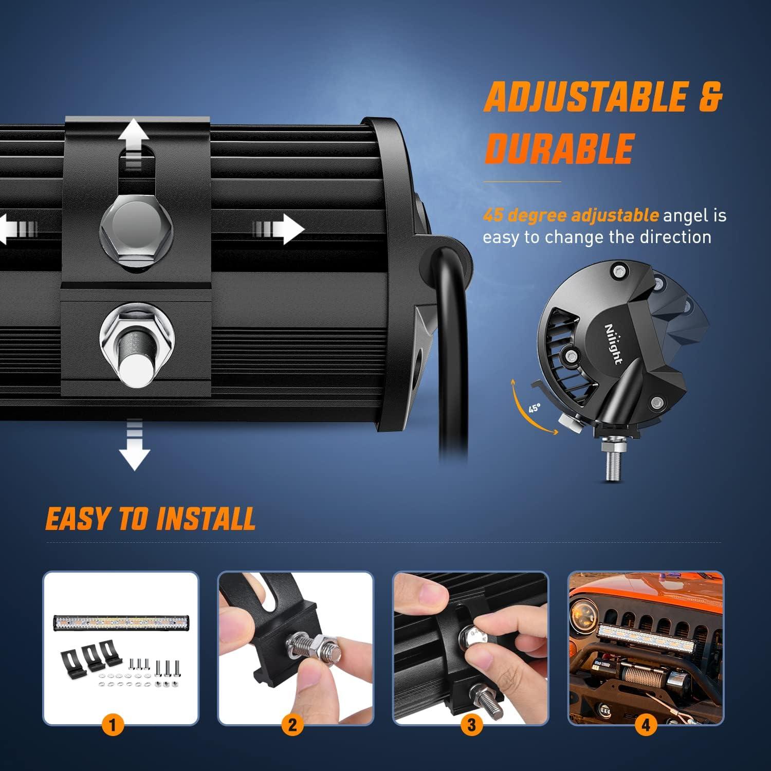 imageNilight 26 Inch 540W LED Light Bar Triple Row Flood Spot Combo 50000LM Driving Boat Led Off Road Lights with 12V OnOff 5 Pin Rocker Switch 14 AWG Wiring Harness Kit 2 Years Warranty26Inch Light AmberWhite wWiring Harness