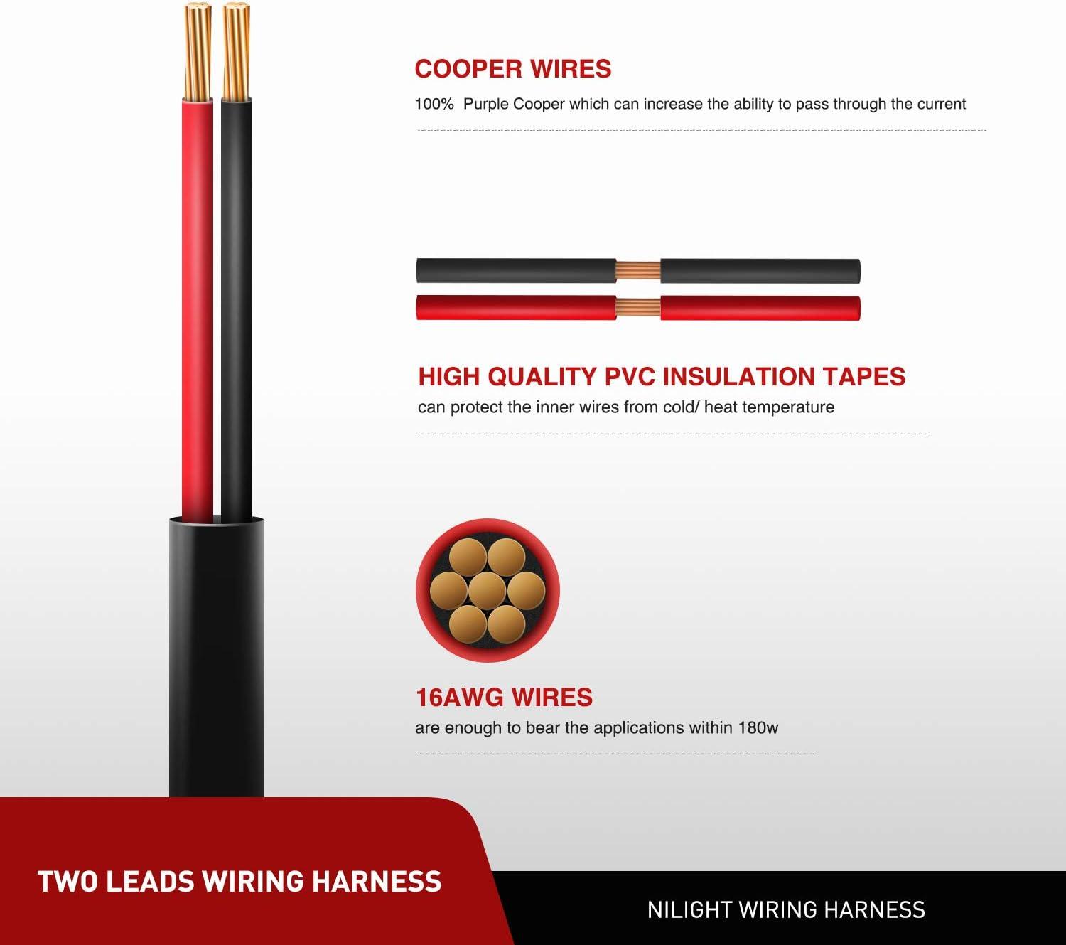 imageNilight 2PCS 16 AWG Wiring Harness Extension Kit Help 1 Lead Harness to Connect 2 Off Road LED Light Bar 2 Year WarrantyBlack