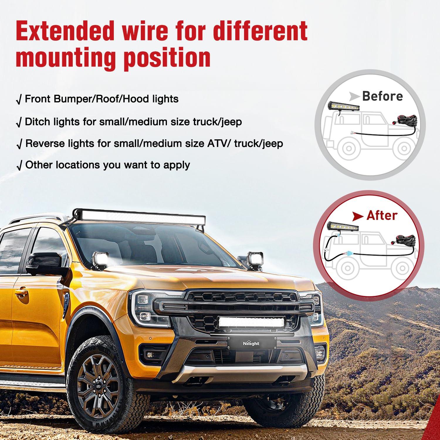 imageNilight 2PCS 16AWG 10Feet Wiring Harness Extension for 6Modes Amber White Light Bar Strobe Play and Plug 3Wires 2 Years WarrantyBlack12AWG 10FT 2Pcs