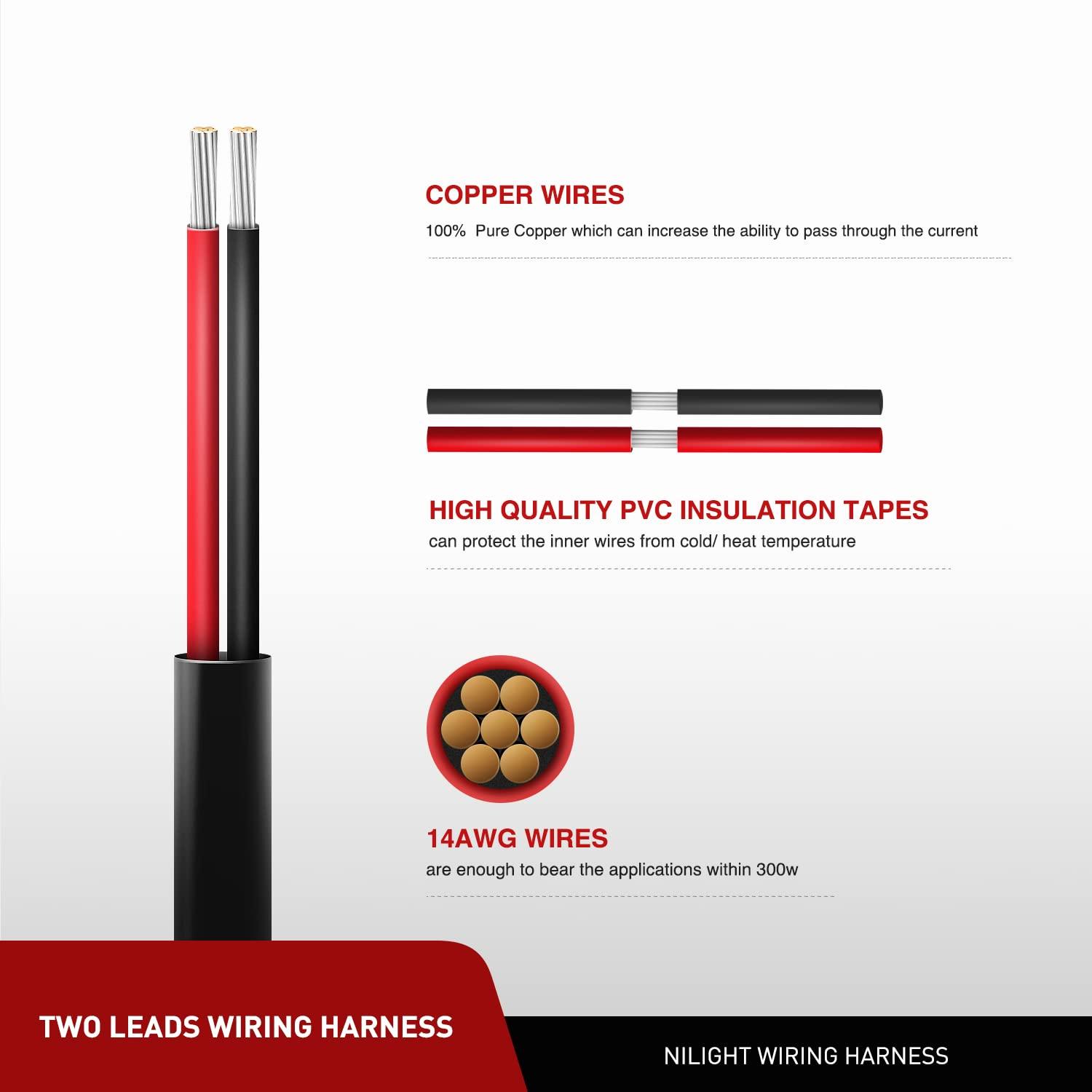 imageNilight 2PCS 16AWG 10Feet Wiring Harness Extension for 6Modes Amber White Light Bar Strobe Play and Plug 3Wires 2 Years WarrantyBlack14AWG 10FT 2Pcs