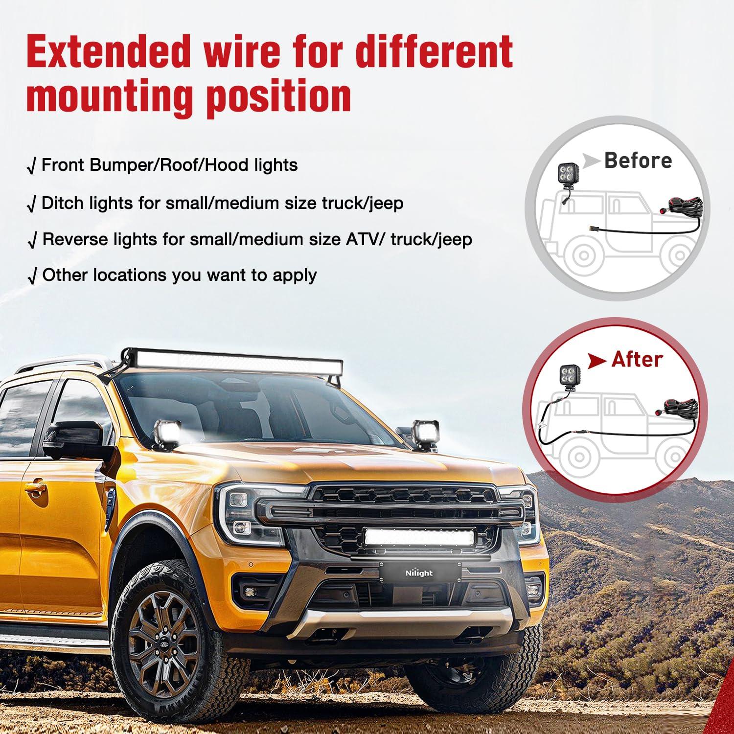 imageNilight 2PCS 16AWG 10Feet Wiring Harness Extension for 6Modes Amber White Light Bar Strobe Play and Plug 3Wires 2 Years WarrantyBlack16AWG 10FT 2Pin DT