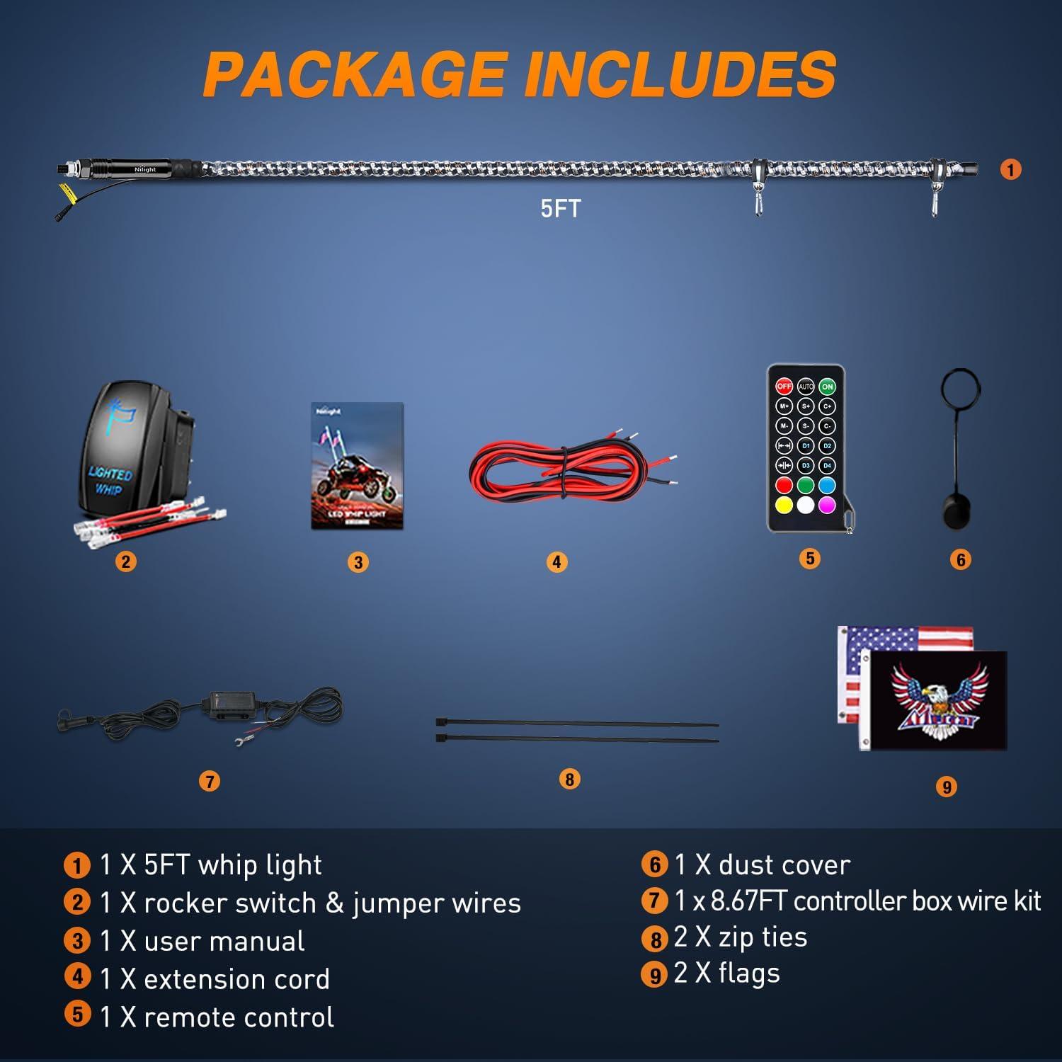 imageNilight 2PCS 2FT RGB LED Whip Light with Extra Stop Turn Reverse Lights Remote ampamp App Control DIY Chasing Patterns Safety Antenna Lighted Whips for ATV UTV Polaris RZR Canam5FT1PC