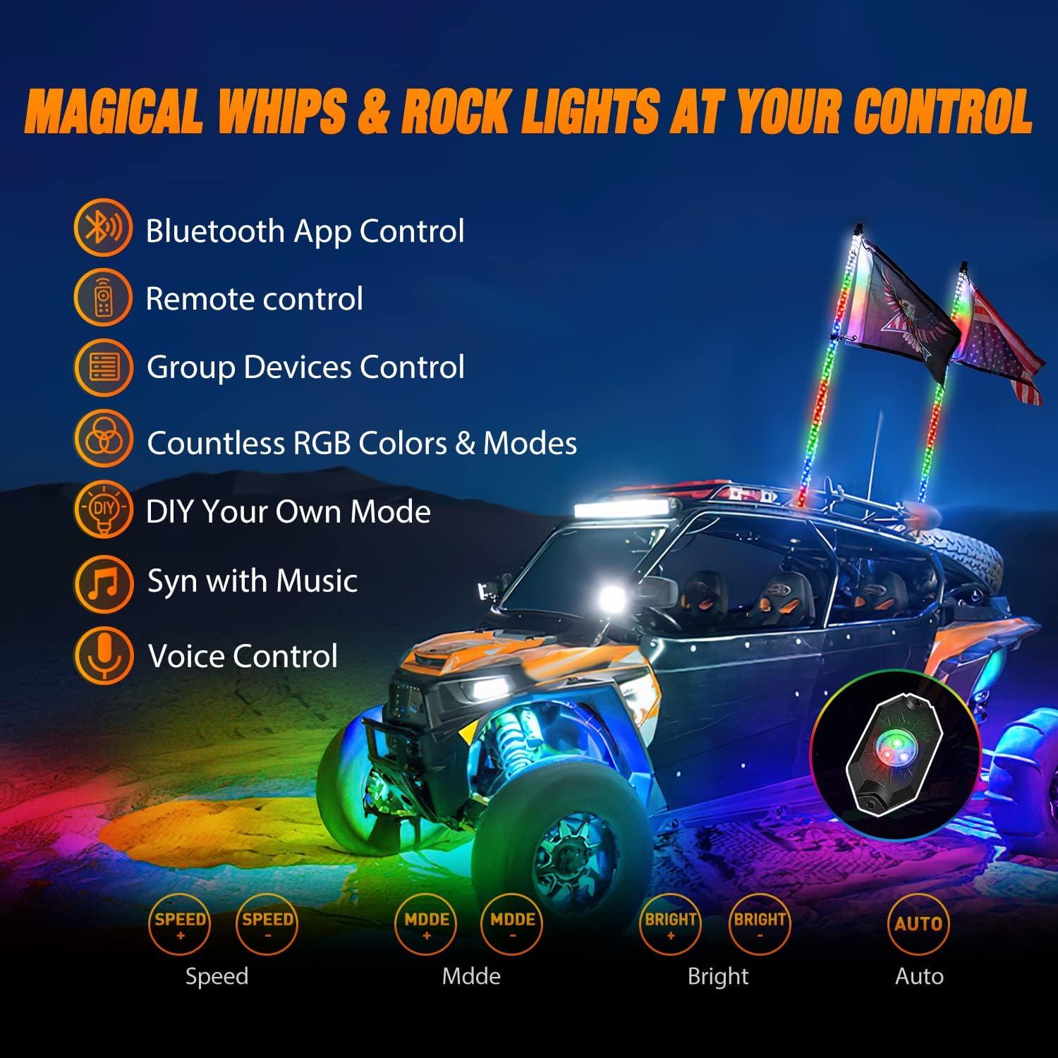 imageNilight 2PCS 2FT RGB LED Whip Light with Extra Stop Turn Reverse Lights Remote ampamp App Control DIY Chasing Patterns Safety Antenna Lighted Whips for ATV UTV Polaris RZR Canam3FT 2Pcs 4Pcs Rock Lights