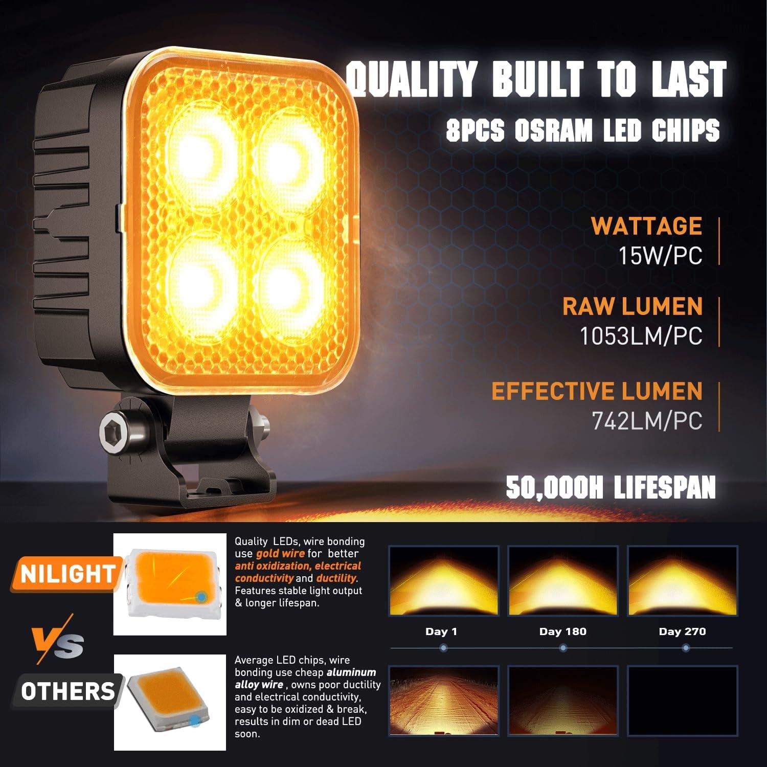 imageNilight 2PCS 3 Inch 15W Amber LED Pods Square Builtin EMC Work Flood Beam for Offroad Lighting Side Light Rear BackUp Light for Tractor Truck Motorcycle Boat ATV UTVAmber Led Pods