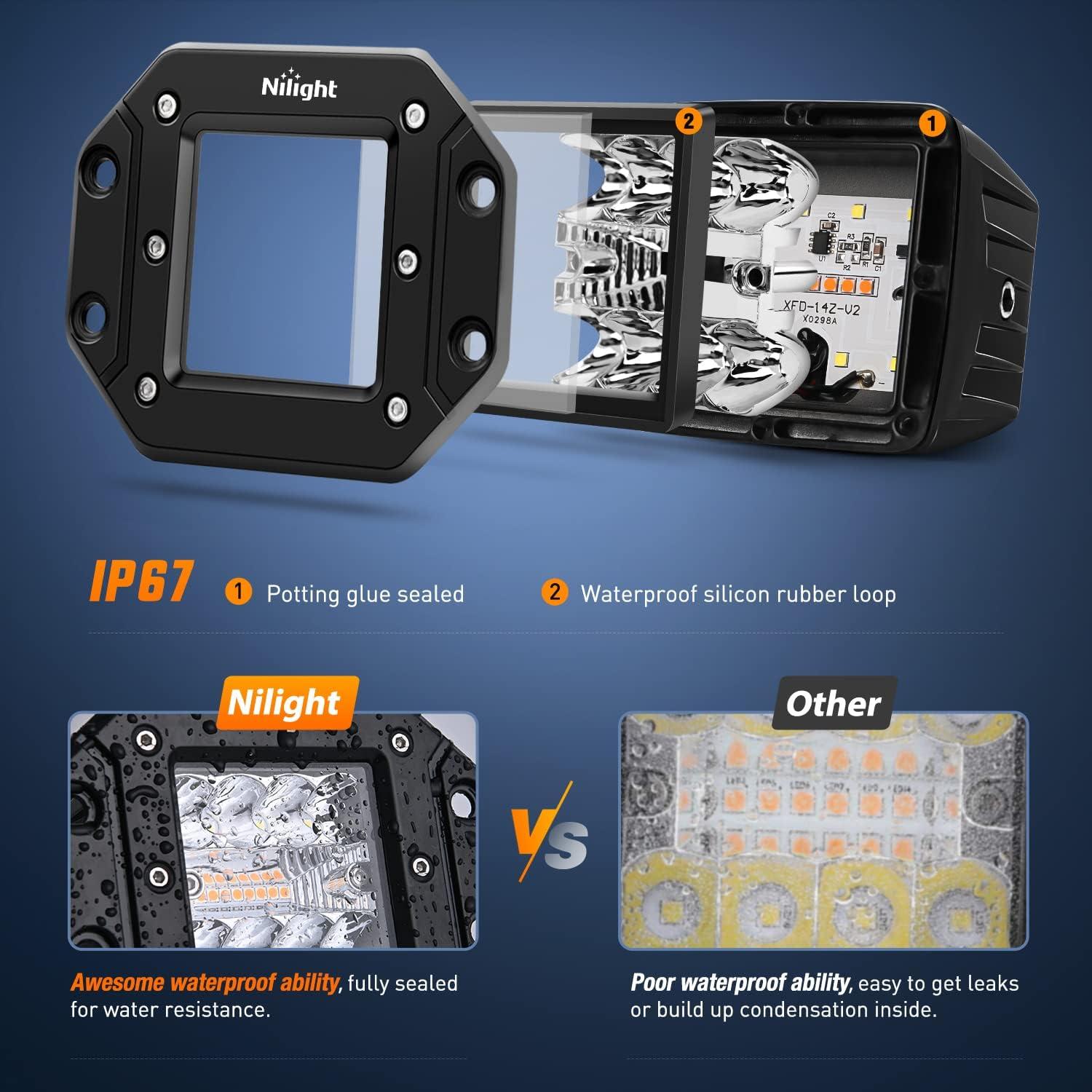 imageNilight 2PCS 42W Flush Mount Amber LED Light Pods Upgraded Spot Flood Combo Beam Driving Light LED Work Light with 16AWG Wiring Harness Kit2 LeadsAmberWhite 6 Modes