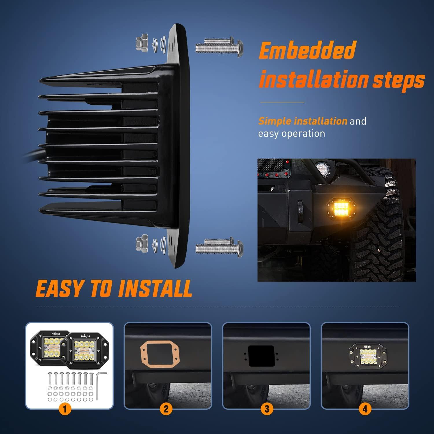 imageNilight 2PCS 42W Flush Mount Amber LED Light Pods Upgraded Spot Flood Combo Beam Driving Light LED Work Light with 16AWG Wiring Harness Kit2 LeadsAmberWhite 6 Modes