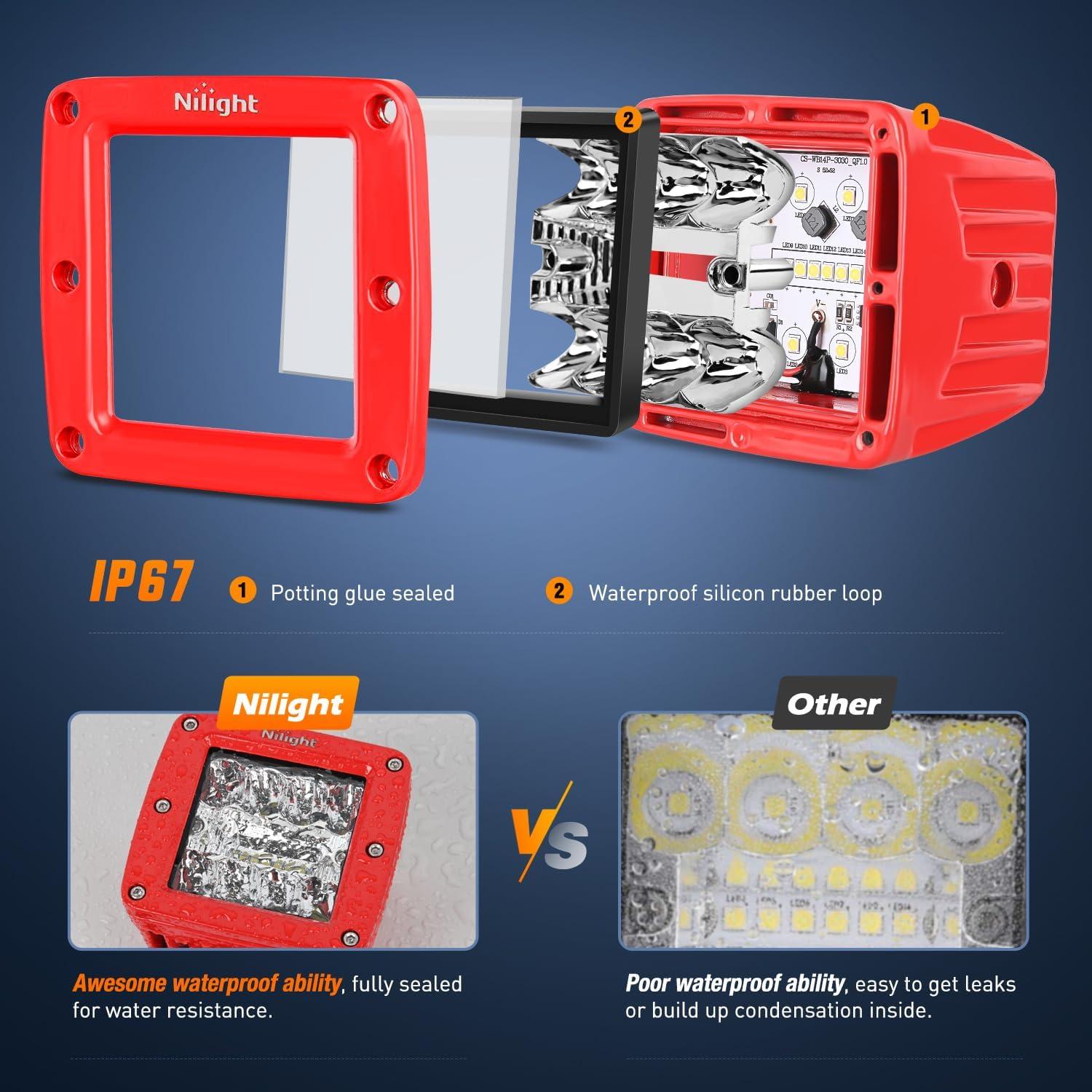 imageNilight 2PCS 42W Light Bar 3Inch Cube Pod Light Amber White Strobe 6 Modes Memory Function Ideal for Fog ampamp Snow Conditions OffRoad Truck Car ATV Jeep Boat with 16AWG Wiring Harness Kit2 Leads3Inch LED Light Pods Red Shell