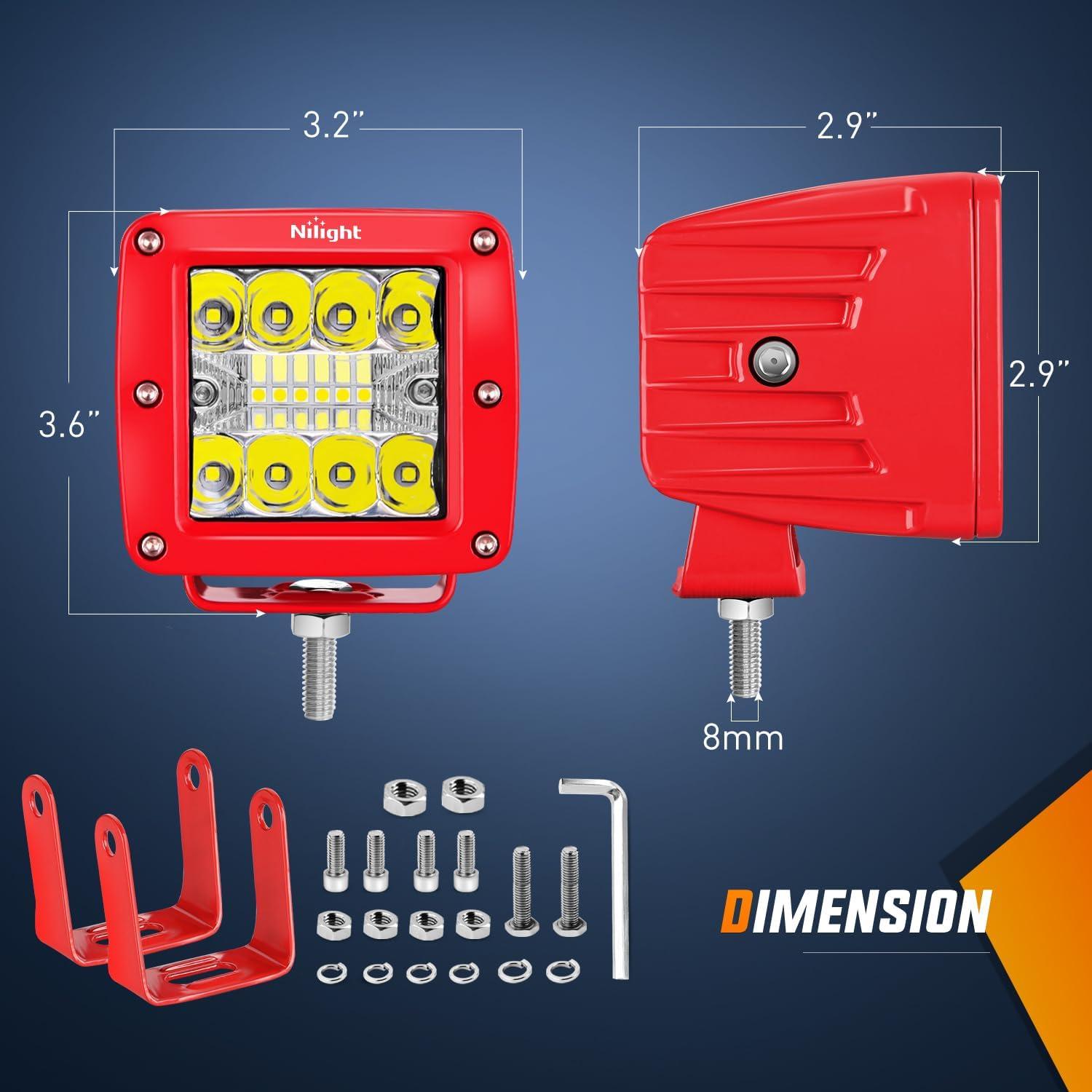 imageNilight 2PCS 42W Light Bar 3Inch Cube Pod Light Amber White Strobe 6 Modes Memory Function Ideal for Fog ampamp Snow Conditions OffRoad Truck Car ATV Jeep Boat with 16AWG Wiring Harness Kit2 Leads3Inch LED Light Pods Red Shell