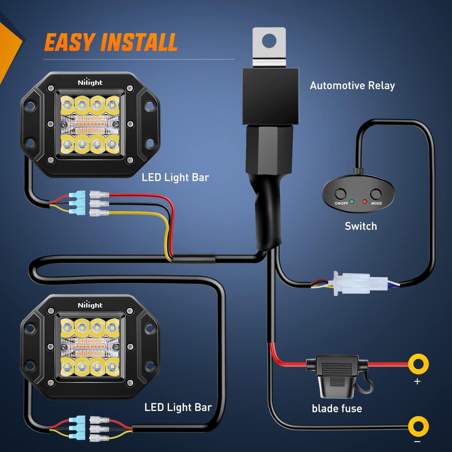 imageNilight 2PCS 42W Light Pods Flush Mount Spot Flood Amber White Strobe 6 Modes Memory Function OffRoad Truck Car ATV SUV Cabin Boat with 16AWG Wiring Harness Kit2 LeadsAmberWhite 6 Modes