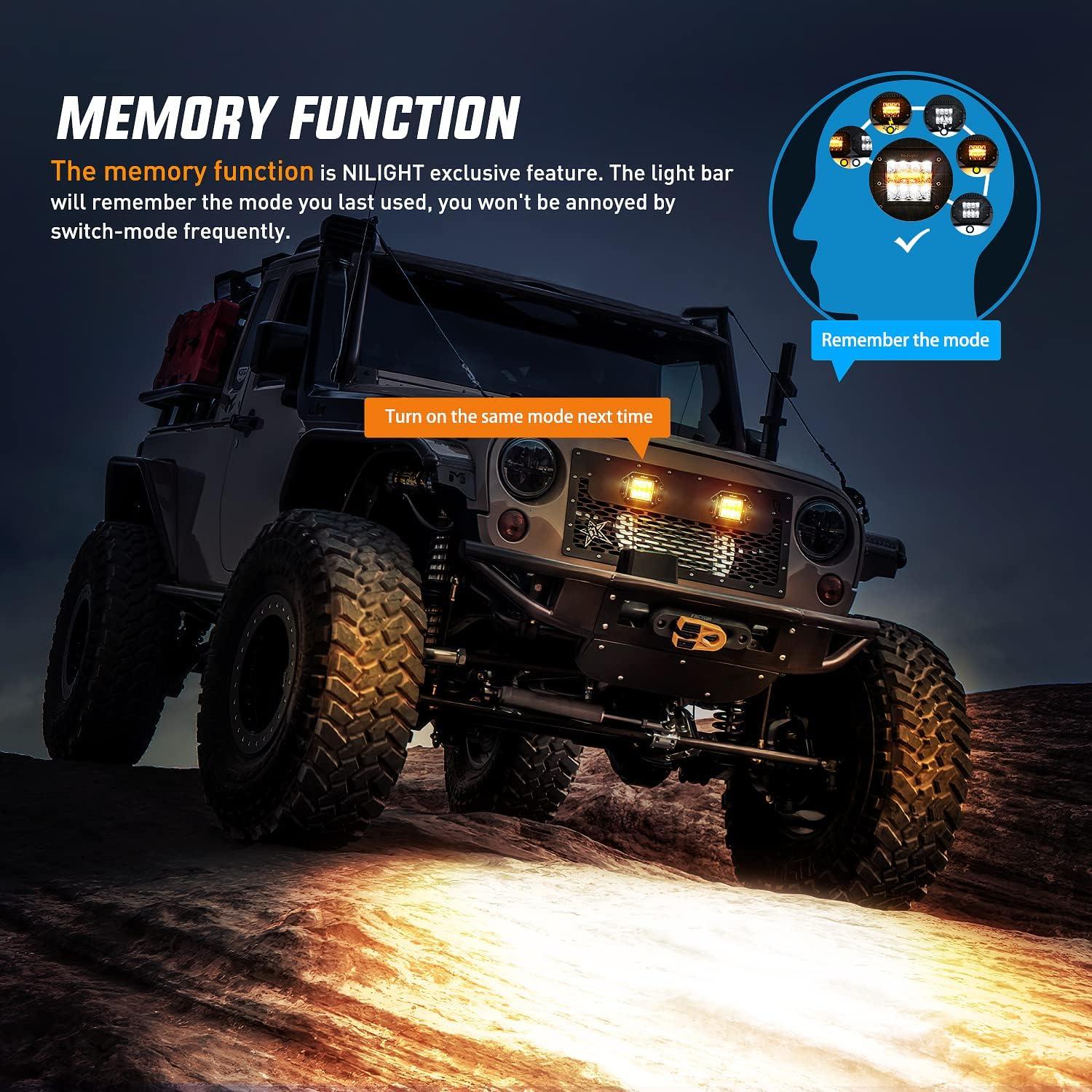 imageNilight 2PCS 42W Light Pods Flush Mount Spot Flood Amber White Strobe 6 Modes Memory Function OffRoad Truck Car ATV SUV Cabin Boat with 16AWG Wiring Harness Kit2 LeadsAmberWhite 6 Modes