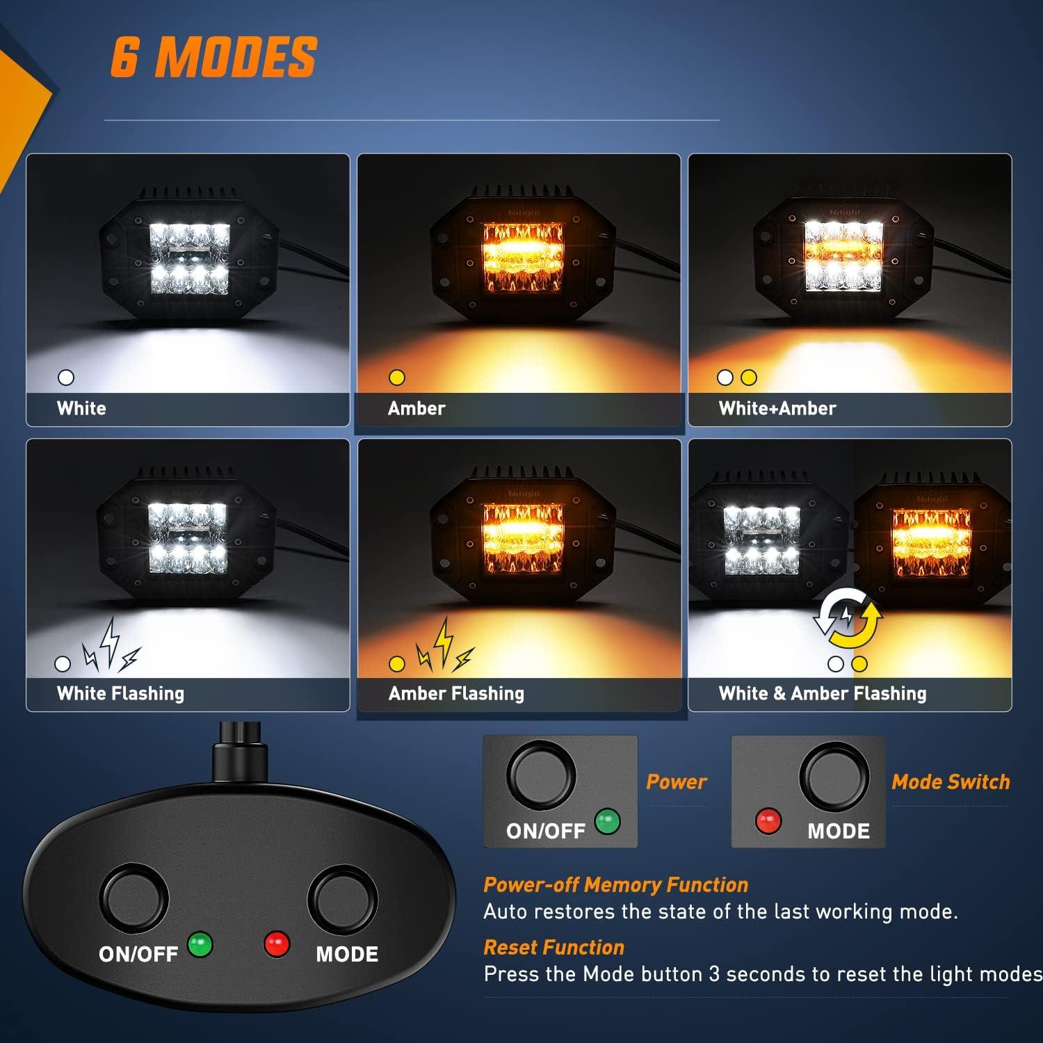 imageNilight 2PCS 42W Light Pods Flush Mount Spot Flood Amber White Strobe 6 Modes Memory Function OffRoad Truck Car ATV SUV Cabin Boat with 16AWG Wiring Harness Kit2 LeadsAmberWhite 6 Modes