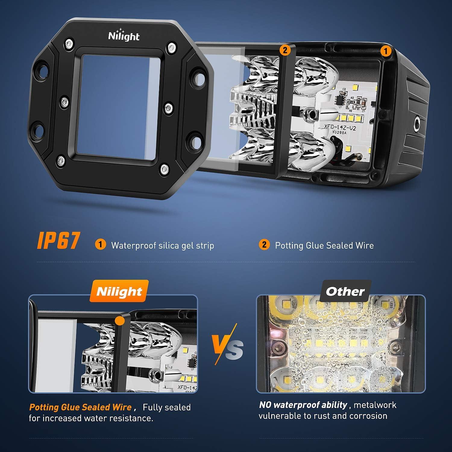 imageNilight 2PCS 42W Light Pods Flush Mount Spot Flood Amber White Strobe 6 Modes Memory Function OffRoad Truck Car ATV SUV Cabin Boat with 16AWG Wiring Harness Kit2 LeadsWhite