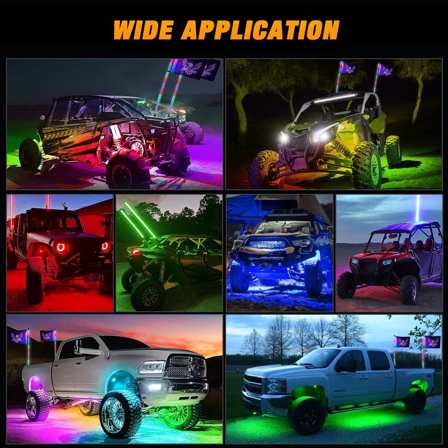 imageNilight 2PCS 4FT RGB LED Whip Light and 8 PCS Rock Lights Combo Remote ampamp App Control wDIY Chasing Patterns Stop Turn Reverse Safety Antenna Lighted Whips for ATV UTV3FT 2Pcs 8Pcs Rock Lights