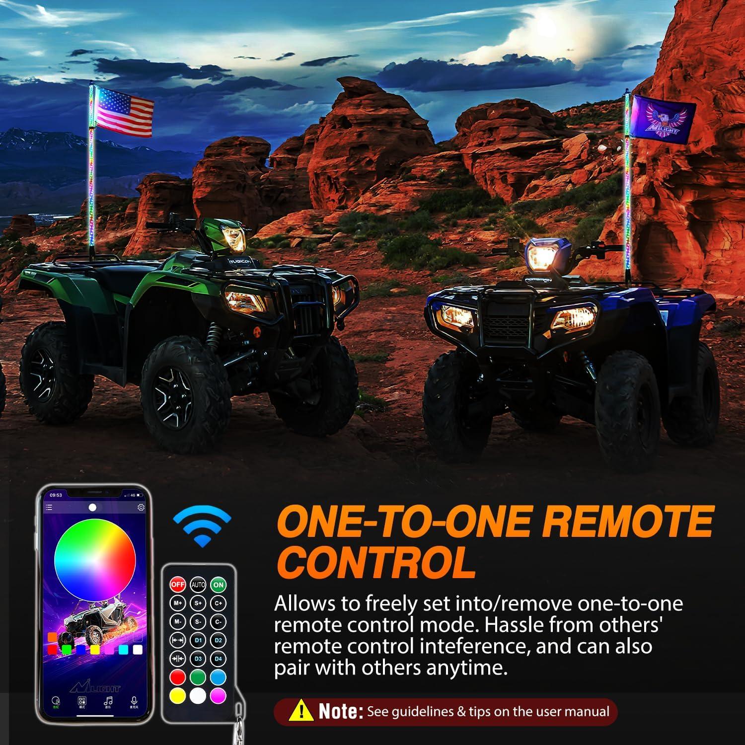 imageNilight 2PCS 4FT RGB LED Whip Light and 8 PCS Rock Lights Combo Remote ampamp App Control wDIY Chasing Patterns Stop Turn Reverse Safety Antenna Lighted Whips for ATV UTV5FT1PC