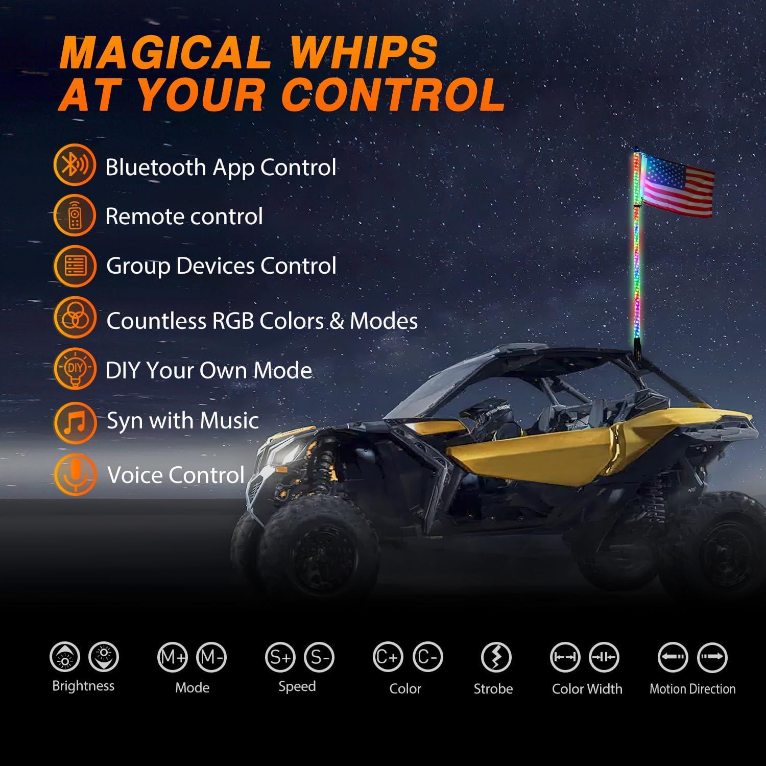 imageNilight 2PCS 4FT RGB LED Whip Light and 8 PCS Rock Lights Combo Remote ampamp App Control wDIY Chasing Patterns Stop Turn Reverse Safety Antenna Lighted Whips for ATV UTV5FT1PC