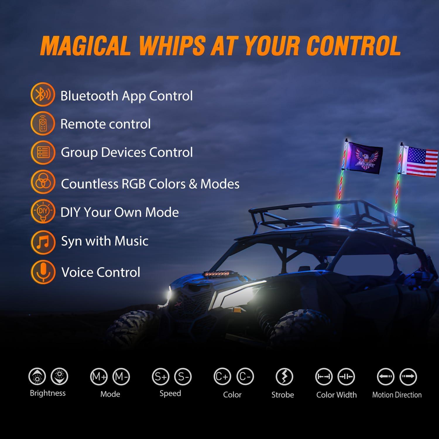imageNilight 2PCS 4FT RGB LED Whip Light and 8 PCS Rock Lights Combo Remote ampamp App Control wDIY Chasing Patterns Stop Turn Reverse Safety Antenna Lighted Whips for ATV UTV2FT2PCS