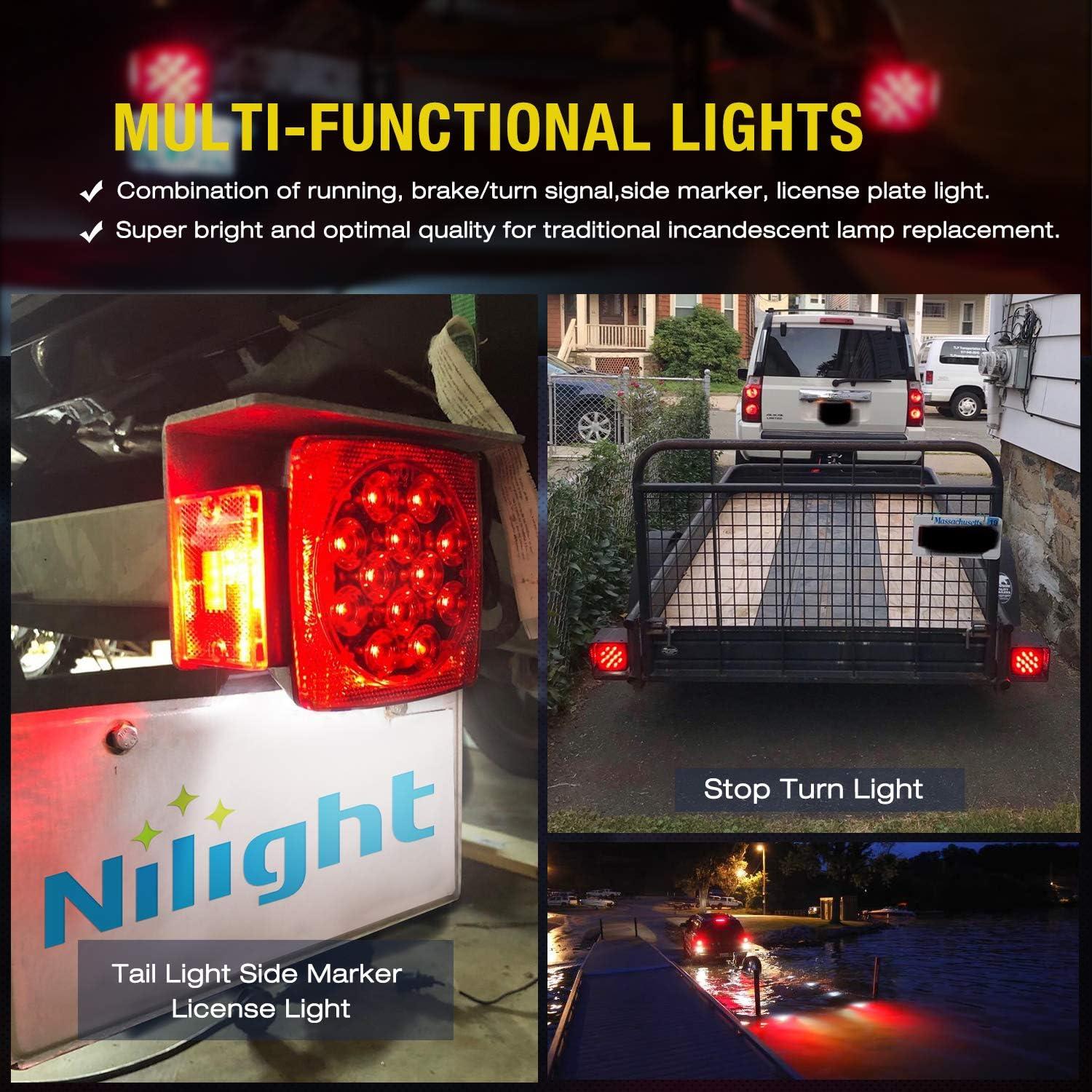 imageNilight 2PCS Square LED Trailer Light Kit Low Profile Submersible IP68 Stop Turn Tail Side Marker License Lamps for 12V Utility Boat Camper RV Trucks Marine SnowmobileTrailer Light
