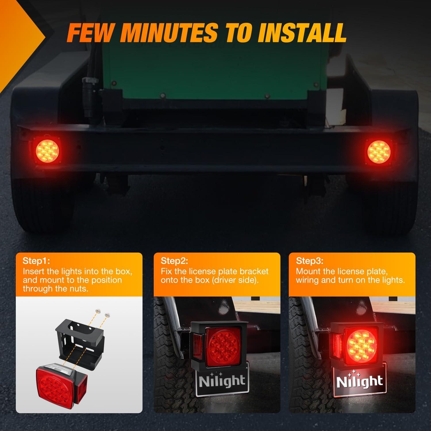 imageNilight 2PCS Square LED Trailer Light Kit Low Profile Submersible IP68 Stop Turn Tail Side Marker License Lamps for 12V Utility Boat Camper RV Trucks Marine Snowmobile2Pcs Trailer Light wbox