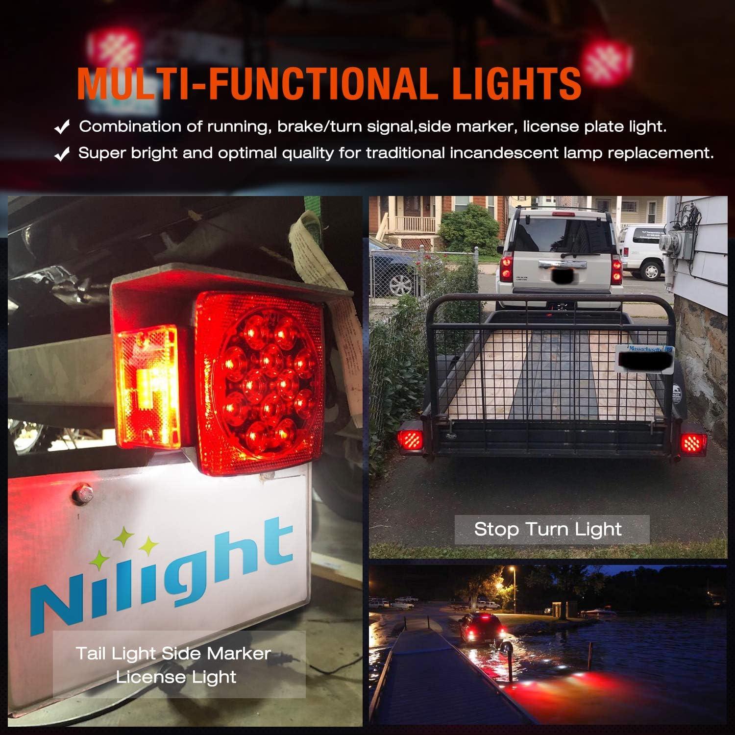 imageNilight 2PCS Square LED Trailer Light Kit Low Profile Submersible IP68 Stop Turn Tail Side Marker License Lamps for 12V Utility Boat Camper RV Trucks Marine SnowmobileTrailer Light Kit