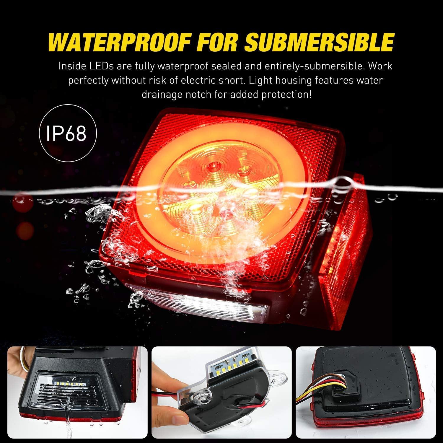 imageNilight 2PCS Square LED Trailer Light Kit Low Profile Submersible IP68 Stop Turn Tail Side Marker License Lamps for 12V Utility Boat Camper RV Trucks Marine SnowmobileHalo Glow Trailer Light Kit