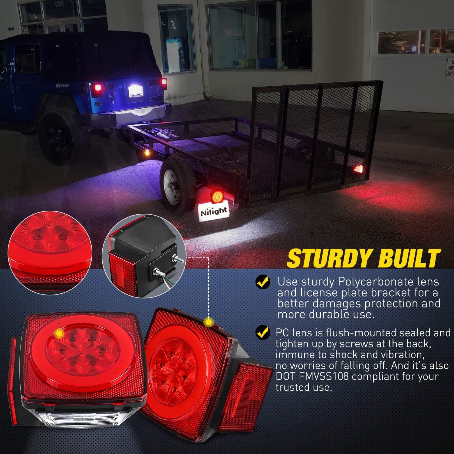 imageNilight 2PCS Square LED Trailer Light Kit Low Profile Submersible IP68 Stop Turn Tail Side Marker License Lamps for 12V Utility Boat Camper RV Trucks Marine SnowmobileHalo Glow Trailer Light Kit