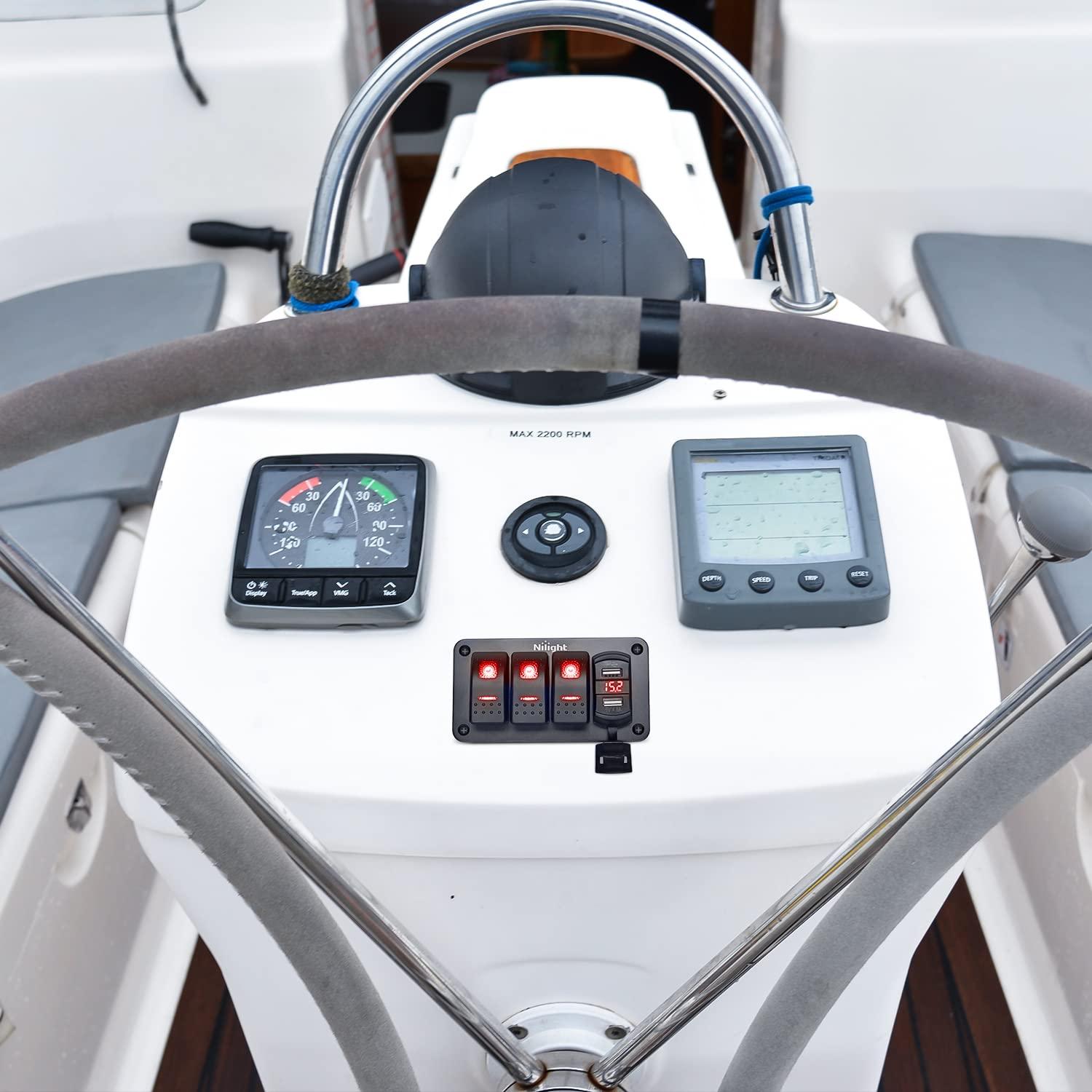 imageNilight 3 Gang Rocker Switch Panel with 48 Amp Dual USB Charger Voltmeter Waterproof 12V 24V DC Rocker Switch with Night Glow Stickers for Cars Trucks Boats RVs 2 Years WarrantyBlueRed