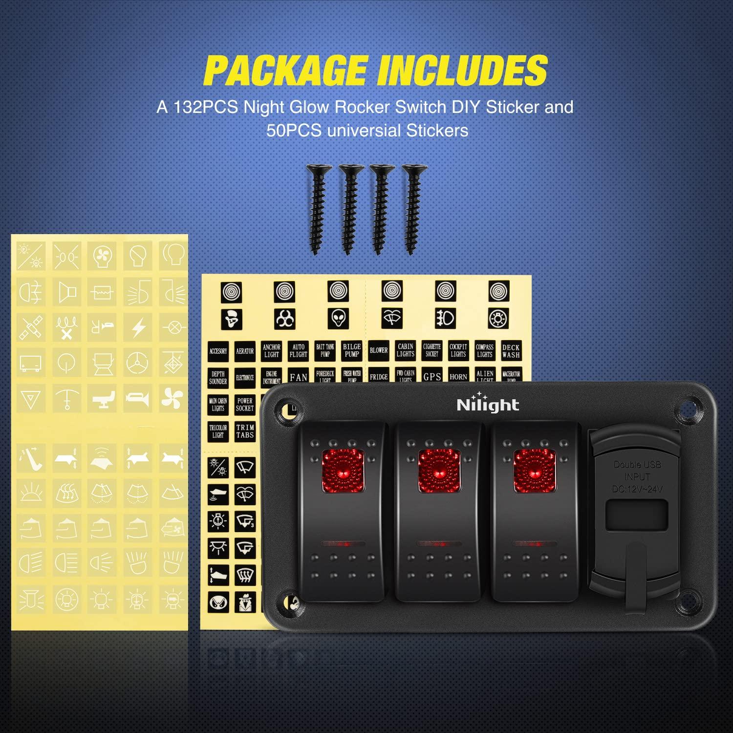 imageNilight 3 Gang Rocker Switch Panel with 48 Amp Dual USB Charger Voltmeter Waterproof 12V 24V DC Rocker Switch with Night Glow Stickers for Cars Trucks Boats RVs 2 Years WarrantyBlueRed