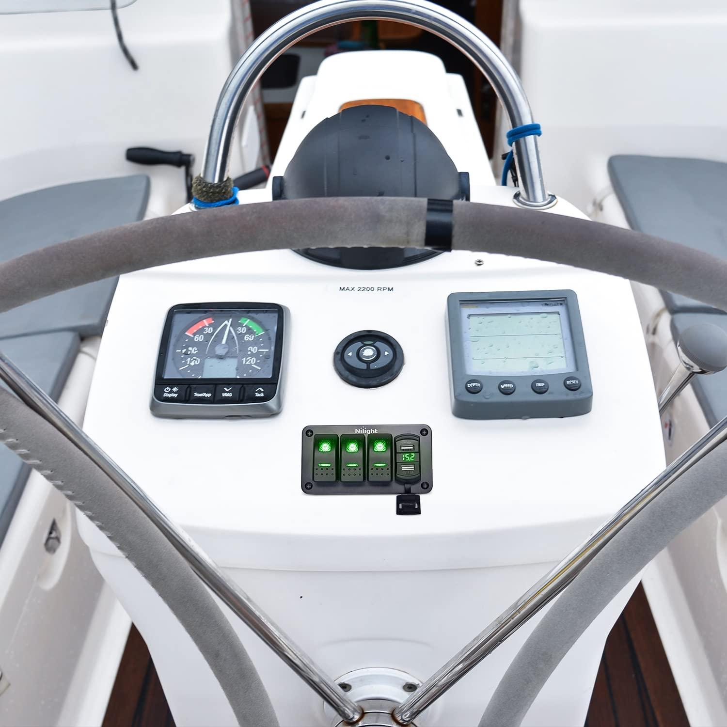 imageNilight 3 Gang Rocker Switch Panel with 48 Amp Dual USB Charger Voltmeter Waterproof 12V 24V DC Rocker Switch with Night Glow Stickers for Cars Trucks Boats RVs 2 Years WarrantyBlueGreen