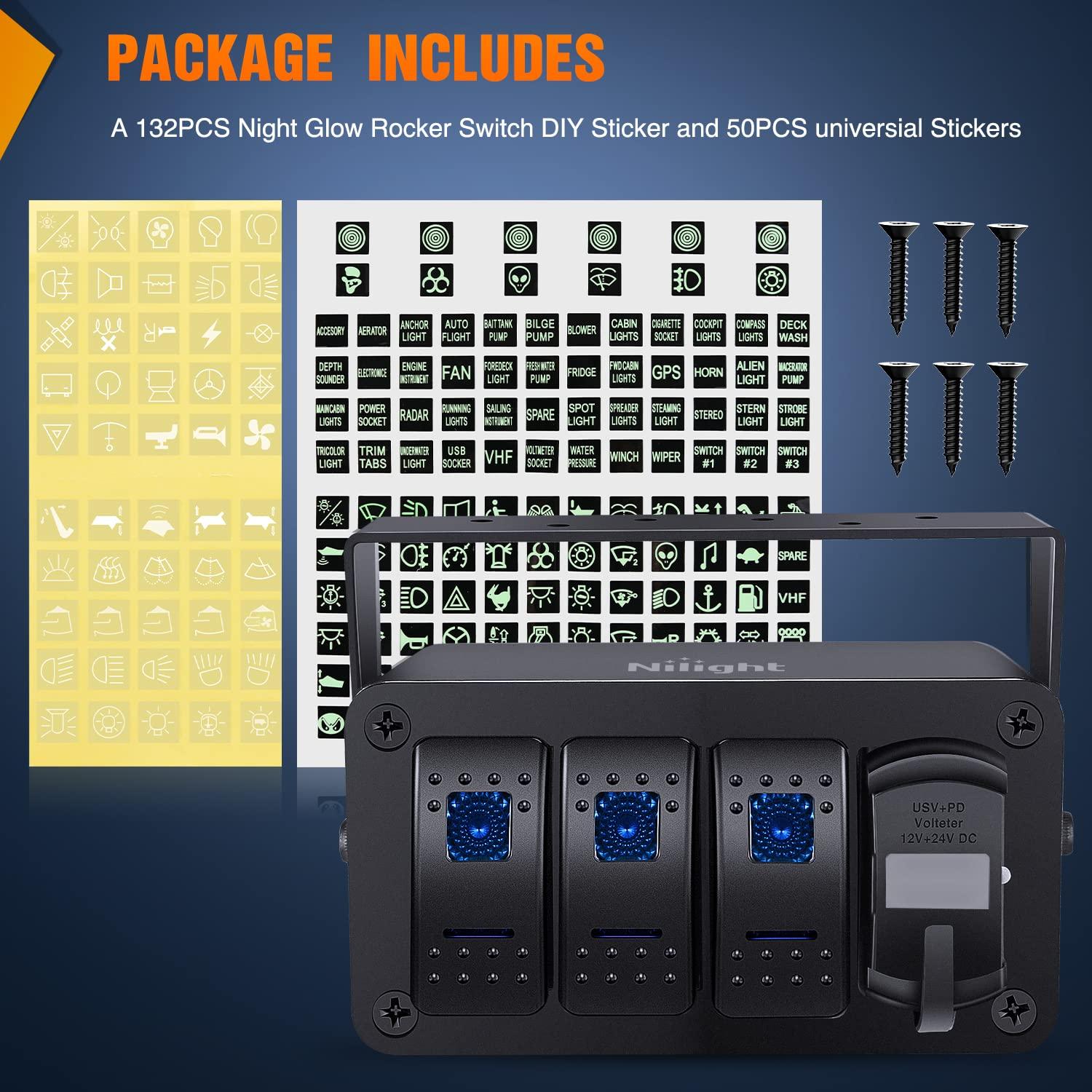 imageNilight 3 Gang Rocker Switch Panel with 48 Amp Dual USB Charger Voltmeter Waterproof 12V 24V DC Rocker Switch with Night Glow Stickers for Cars Trucks Boats RVs 2 Years WarrantyBlueBlueBox