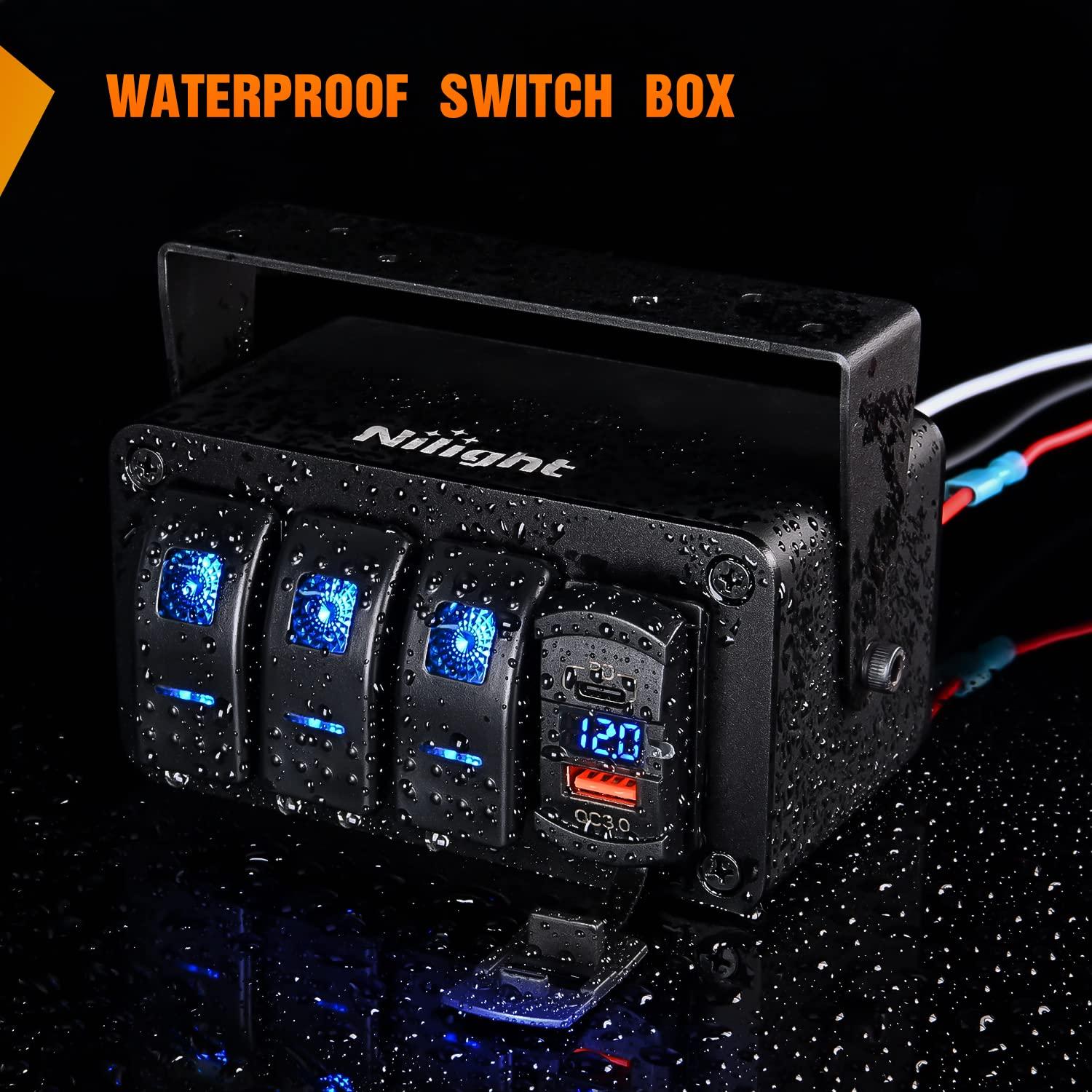 imageNilight 3 Gang Rocker Switch Panel with 48 Amp Dual USB Charger Voltmeter Waterproof 12V 24V DC Rocker Switch with Night Glow Stickers for Cars Trucks Boats RVs 2 Years WarrantyBlueBlueBox