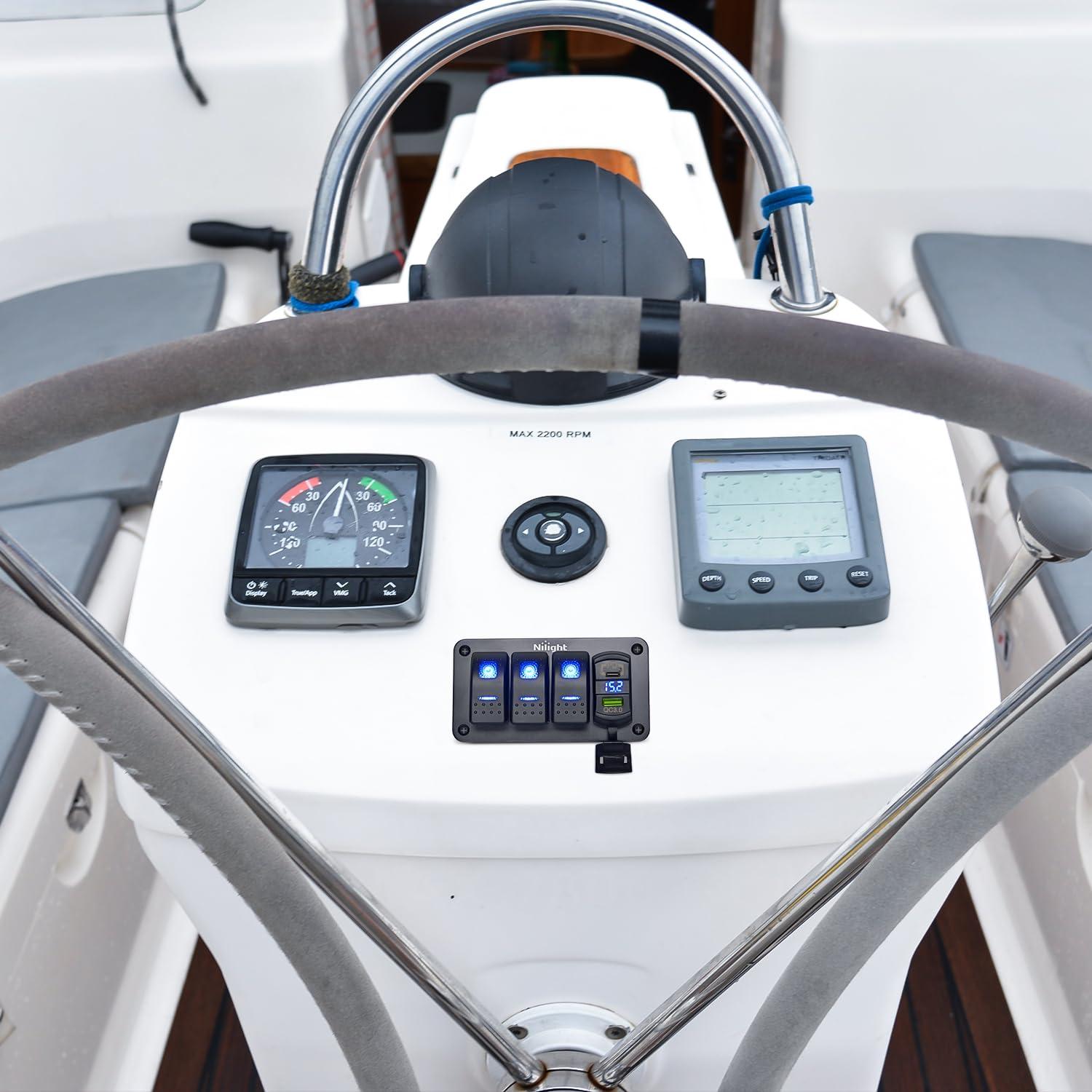 imageNilight 3 Gang Rocker Switch Panel with 48 Amp Dual USB Charger Voltmeter Waterproof 12V 24V DC Rocker Switch with Night Glow Stickers for Cars Trucks Boats RVs 2 Years WarrantyBlueType C  USB Blue