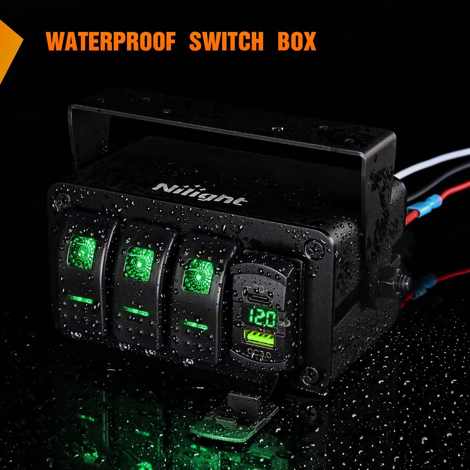 imageNilight 3 Gang Rocker Switch Panel with 48 Amp Dual USB Charger Voltmeter Waterproof 12V 24V DC Rocker Switch with Night Glow Stickers for Cars Trucks Boats RVs 2 Years WarrantyBlueGreenBox