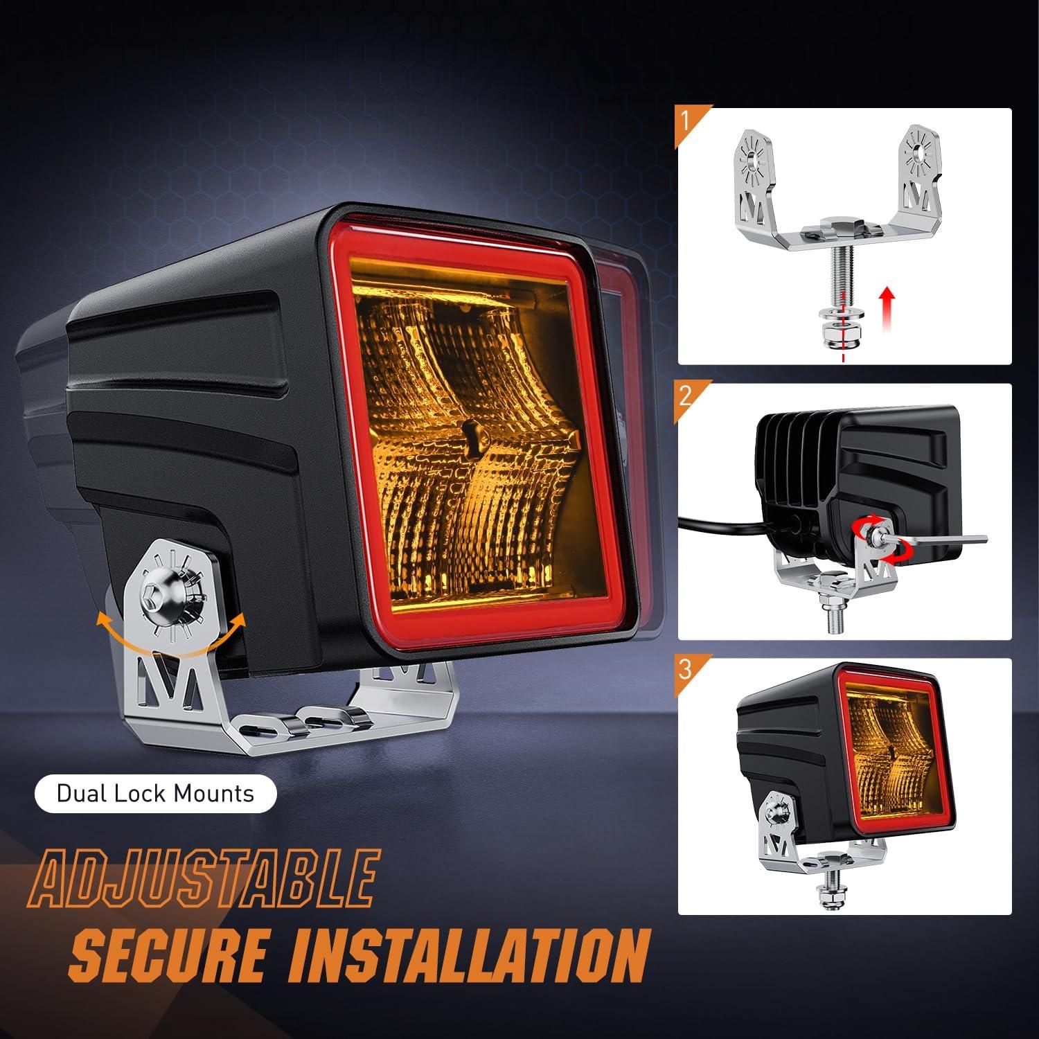 imageNilight 3 Inch Cube LED Pod Light Bar 20W 2100LM Super Flood ScrewLess Offroad Driving Work Lights w16AWG DT Wiring Harness Kit for Truck UTV 4x4 ATV MotorcycleIndirect 4LED Flood PodAmber