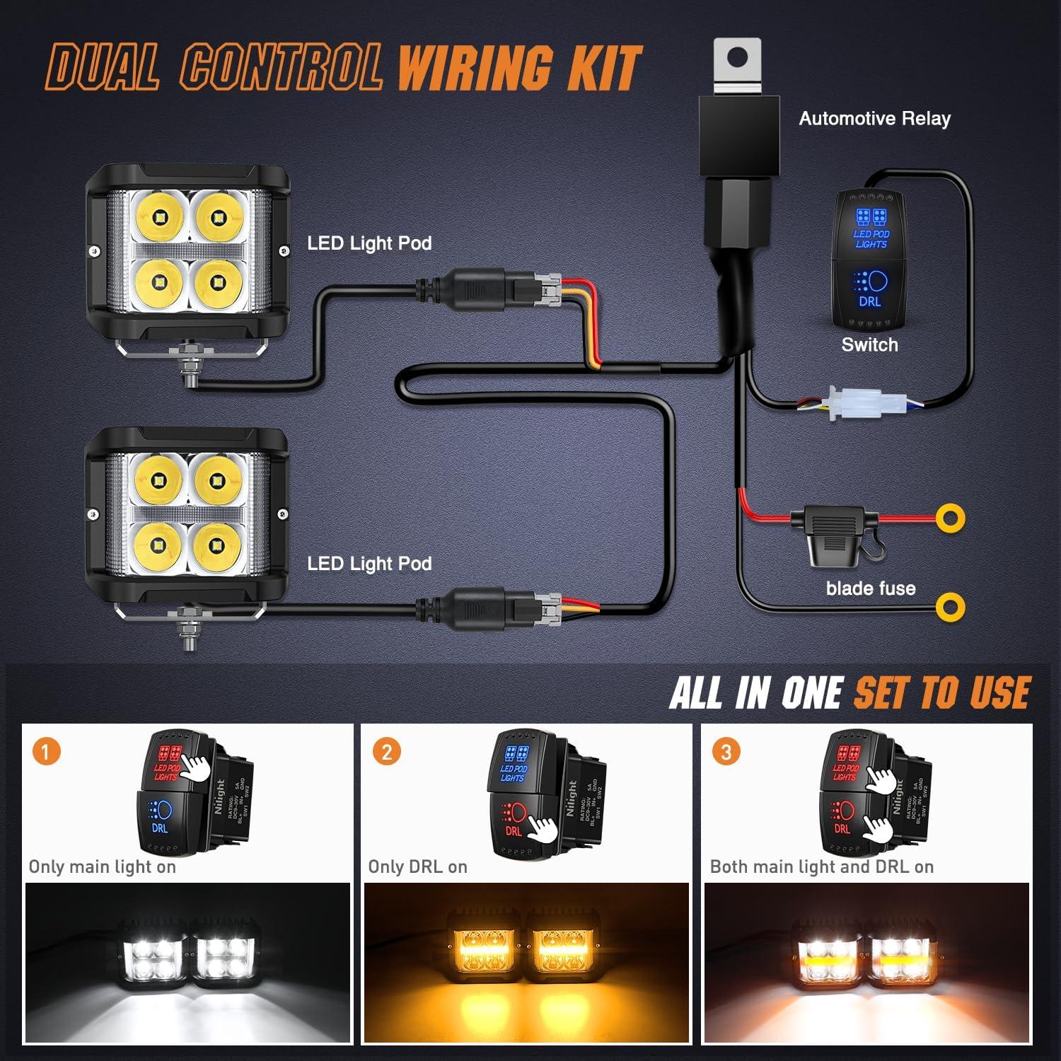 imageNilight 3 Inch Cube LED Pod Light Bar 20W 2100LM Super Flood ScrewLess Offroad Driving Work Lights w16AWG DT Wiring Harness Kit for Truck UTV 4x4 ATV Motorcycle4LED Sideshooter Spot Pod w Amber DRL