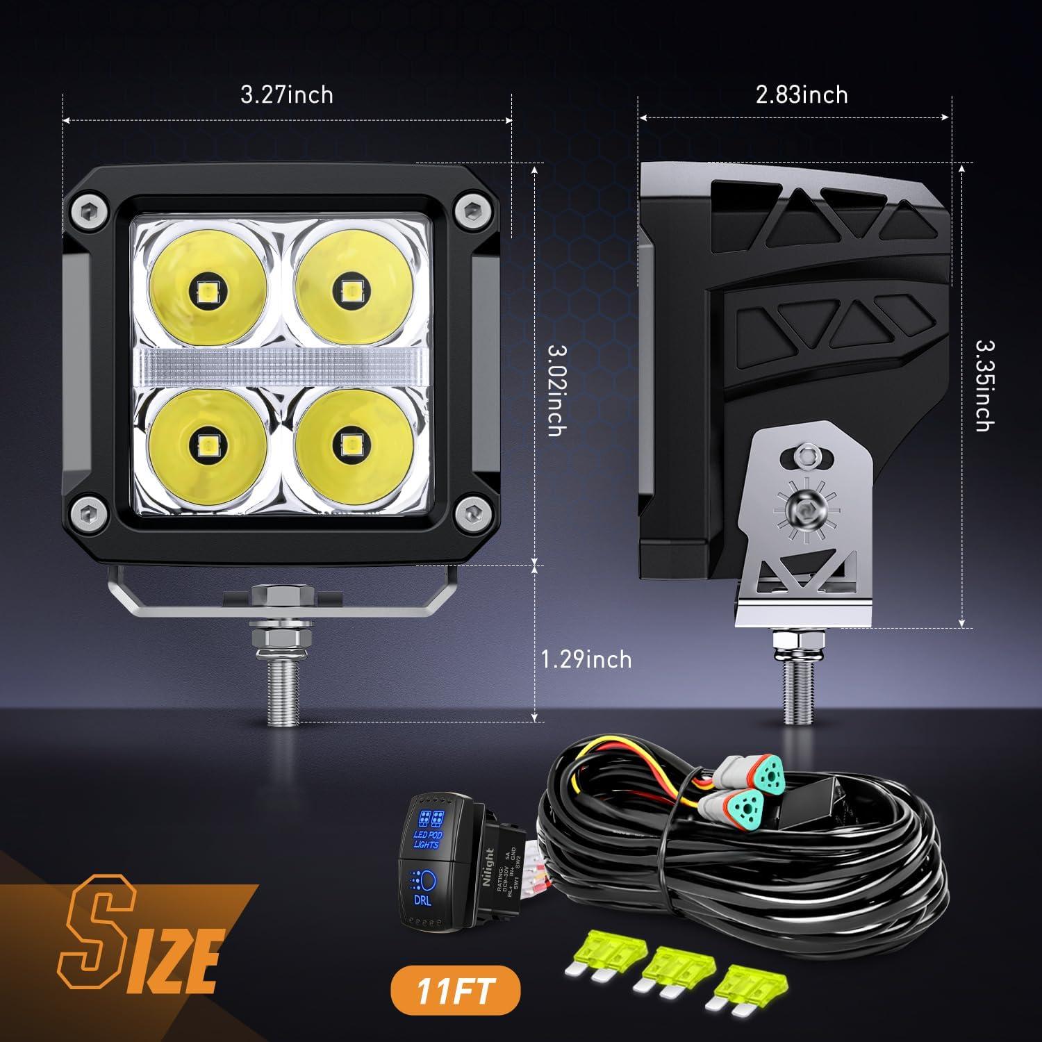 imageNilight 3 Inch Cube LED Pod Light Bar 20W 2100LM Super Flood ScrewLess Offroad Driving Work Lights w16AWG DT Wiring Harness Kit for Truck UTV 4x4 ATV Motorcycle4LED Spot Pod w Amber DRL