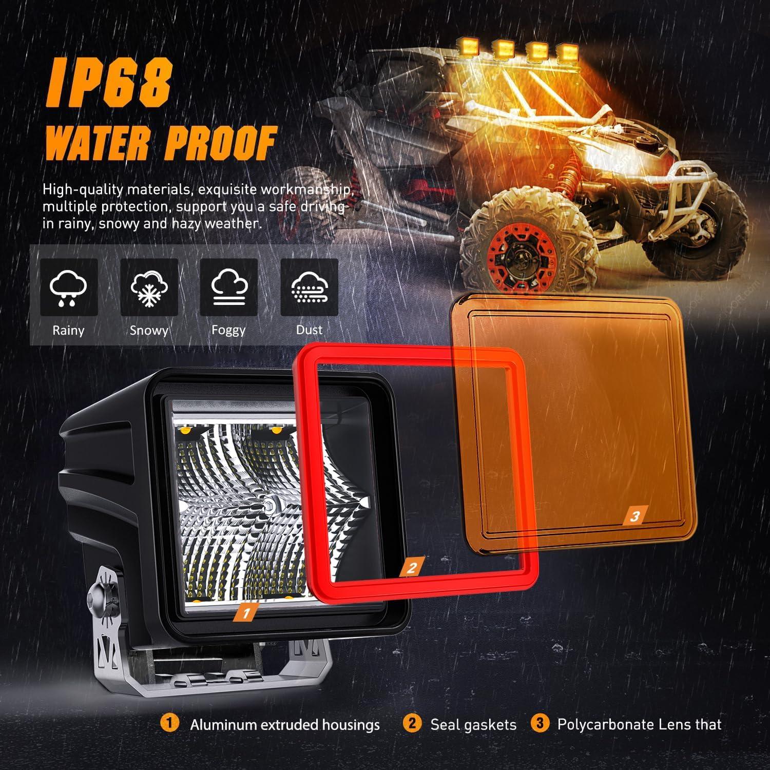 imageNilight 3 Inch Cube LED Pod Light Bar 20W 2100LM Super Flood ScrewLess Offroad Driving Work Lights w16AWG DT Wiring Harness Kit for Truck UTV 4x4 ATV MotorcycleIndirect 4LED Flood PodAmber
