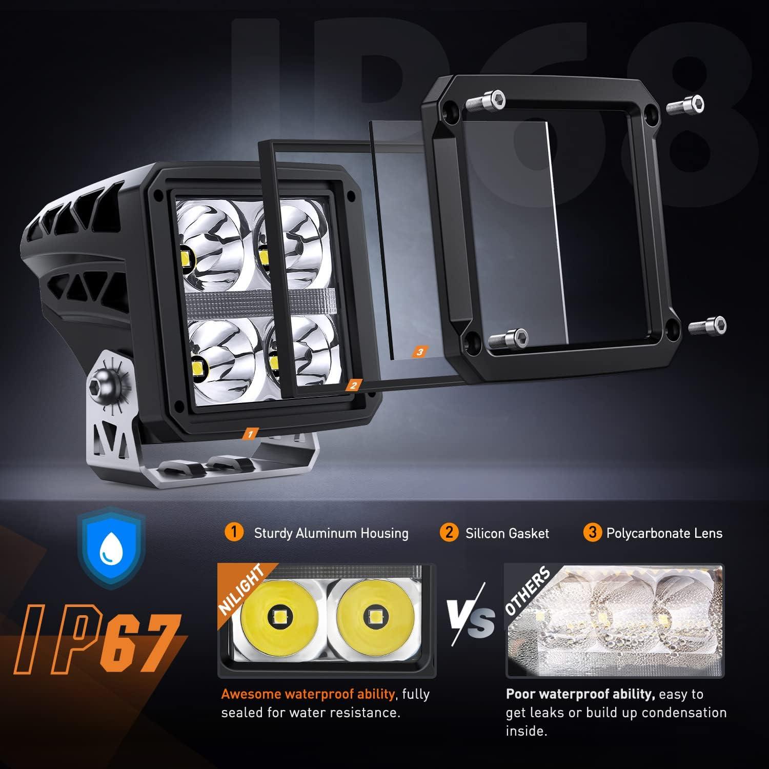 imageNilight 3 Inch Cube LED Pod Light Bar 20W 2100LM Super Flood ScrewLess Offroad Driving Work Lights w16AWG DT Wiring Harness Kit for Truck UTV 4x4 ATV Motorcycle4LED Spot Pod w White DRL