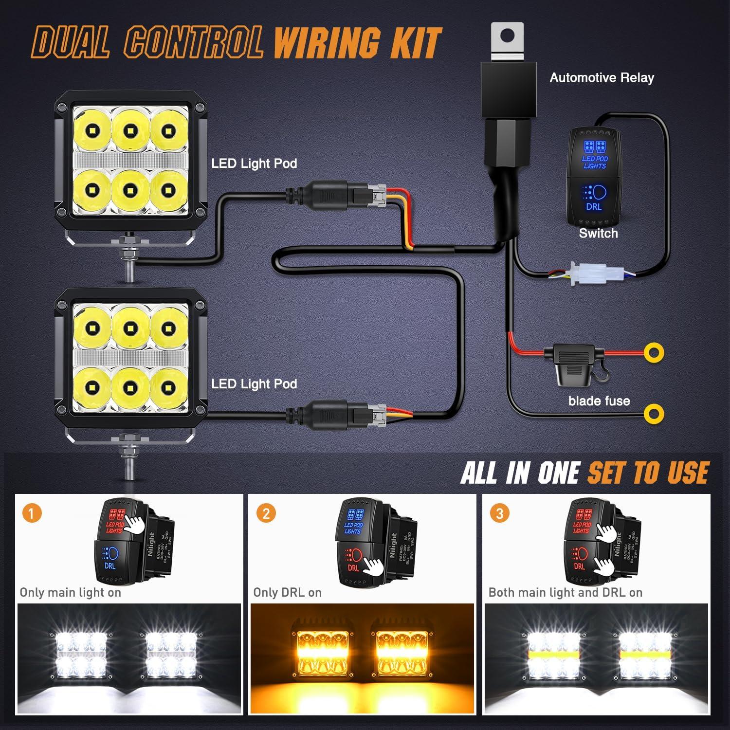 imageNilight 3 Inch Cube LED Pod Light Bar 20W 2100LM Super Flood ScrewLess Offroad Driving Work Lights w16AWG DT Wiring Harness Kit for Truck UTV 4x4 ATV Motorcycle6LED Spot Pod w Amber DRL