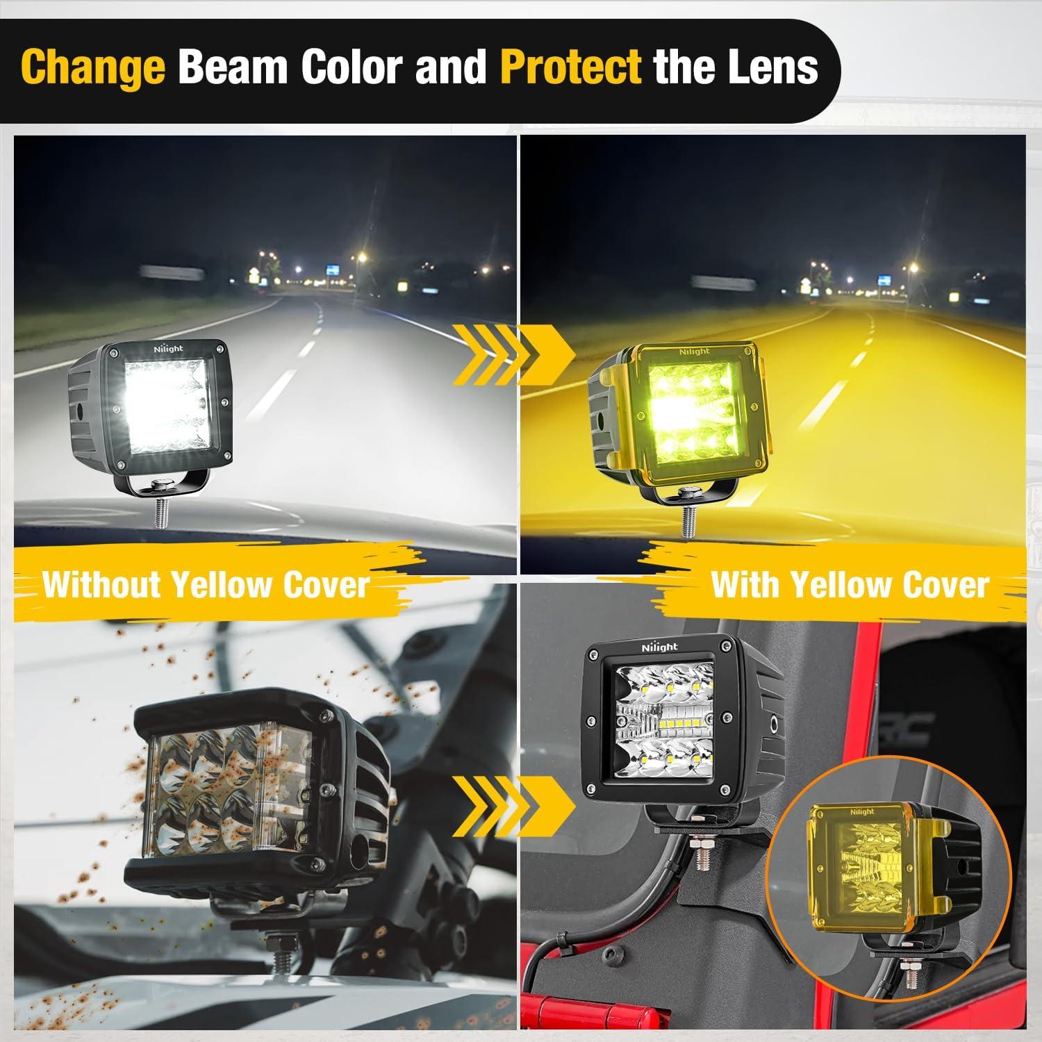 imageNilight 3 inch Cube Light Pod Cover 2 PCS Yellow Protective Covers Durable Polycarbonate Lens Waterproof Dustproof ScratchProof for Square Lights Off Road Driving Lighting