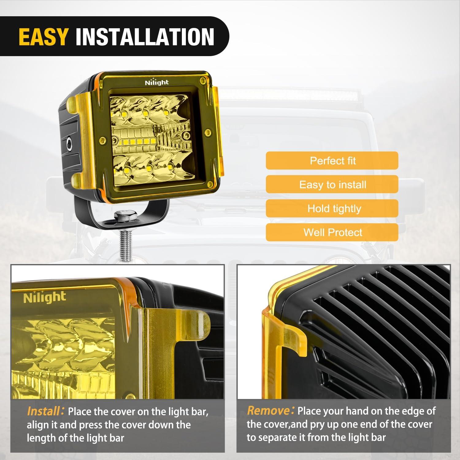 imageNilight 3 inch Cube Light Pod Cover 2 PCS Yellow Protective Covers Durable Polycarbonate Lens Waterproof Dustproof ScratchProof for Square Lights Off Road Driving Lighting