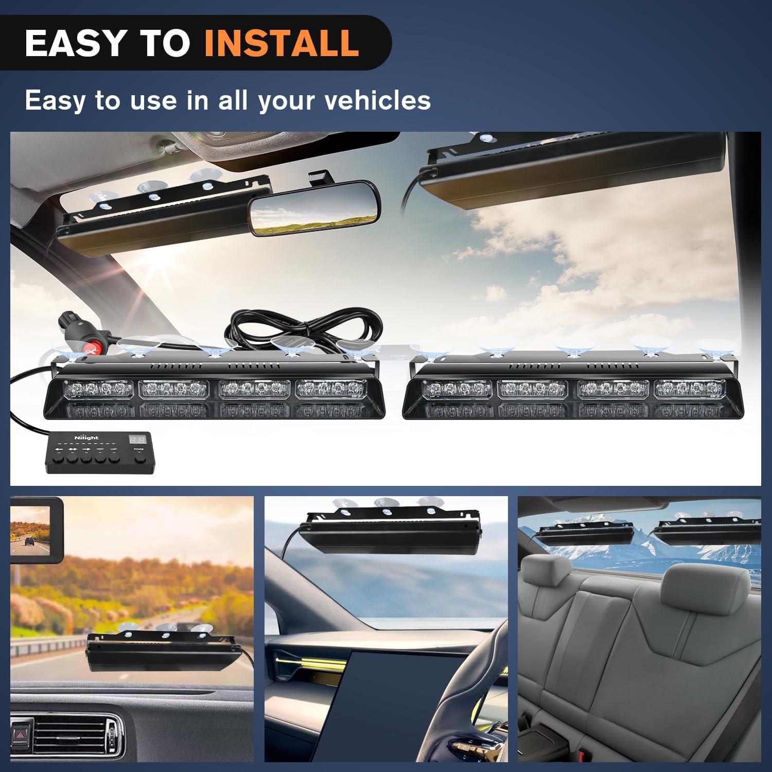 imageNilight 32LED Purple White Emergency Dash Strobe Lights with Controller Suction Cups Warning Hazard Interior FrontRear Windshield Deck Split Light Bar for Truck Construction VehicleBlue